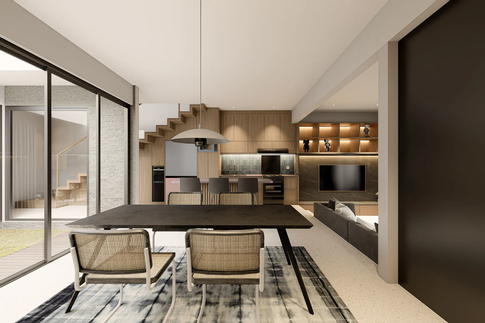 Dining table and caned chairs on a patterned rug, with the kitchen's marble media wall in the background.