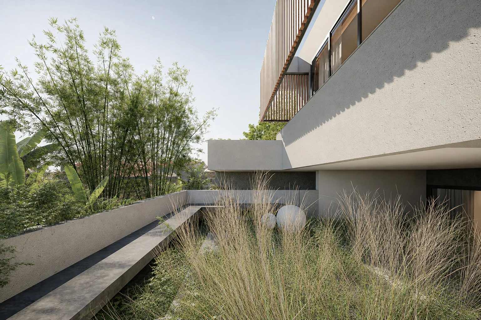Bamboo and tall ornamental grasses border a raised concrete walkway beneath the cantilevered upper floor.