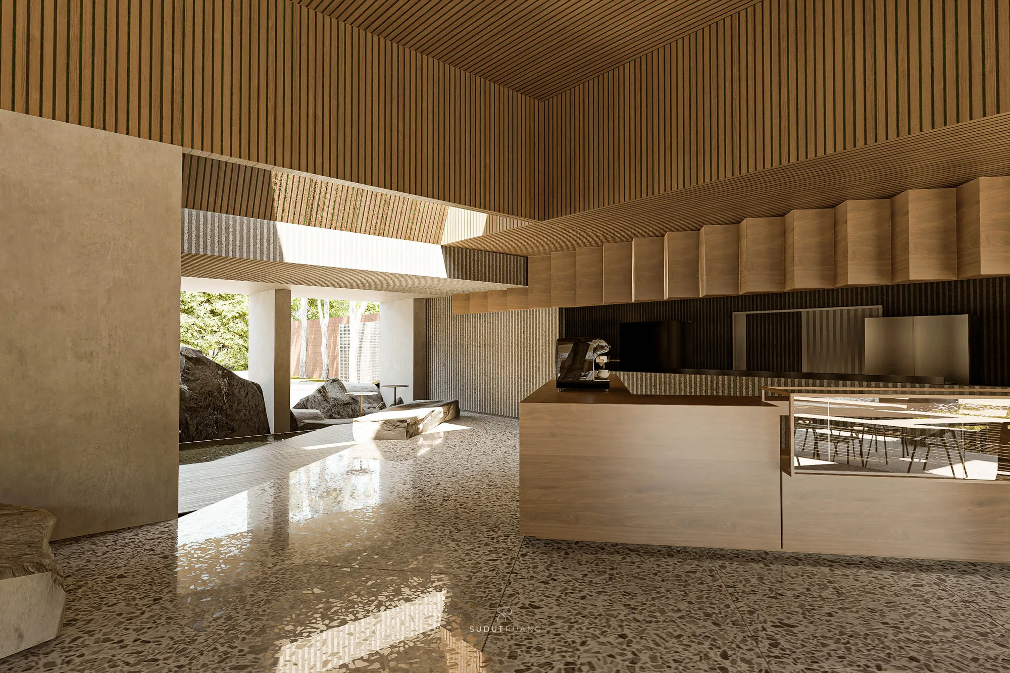A carved stone bench beside a terrazzo floor, timber-slatted soffits overhead and a glass-block wall in the background.