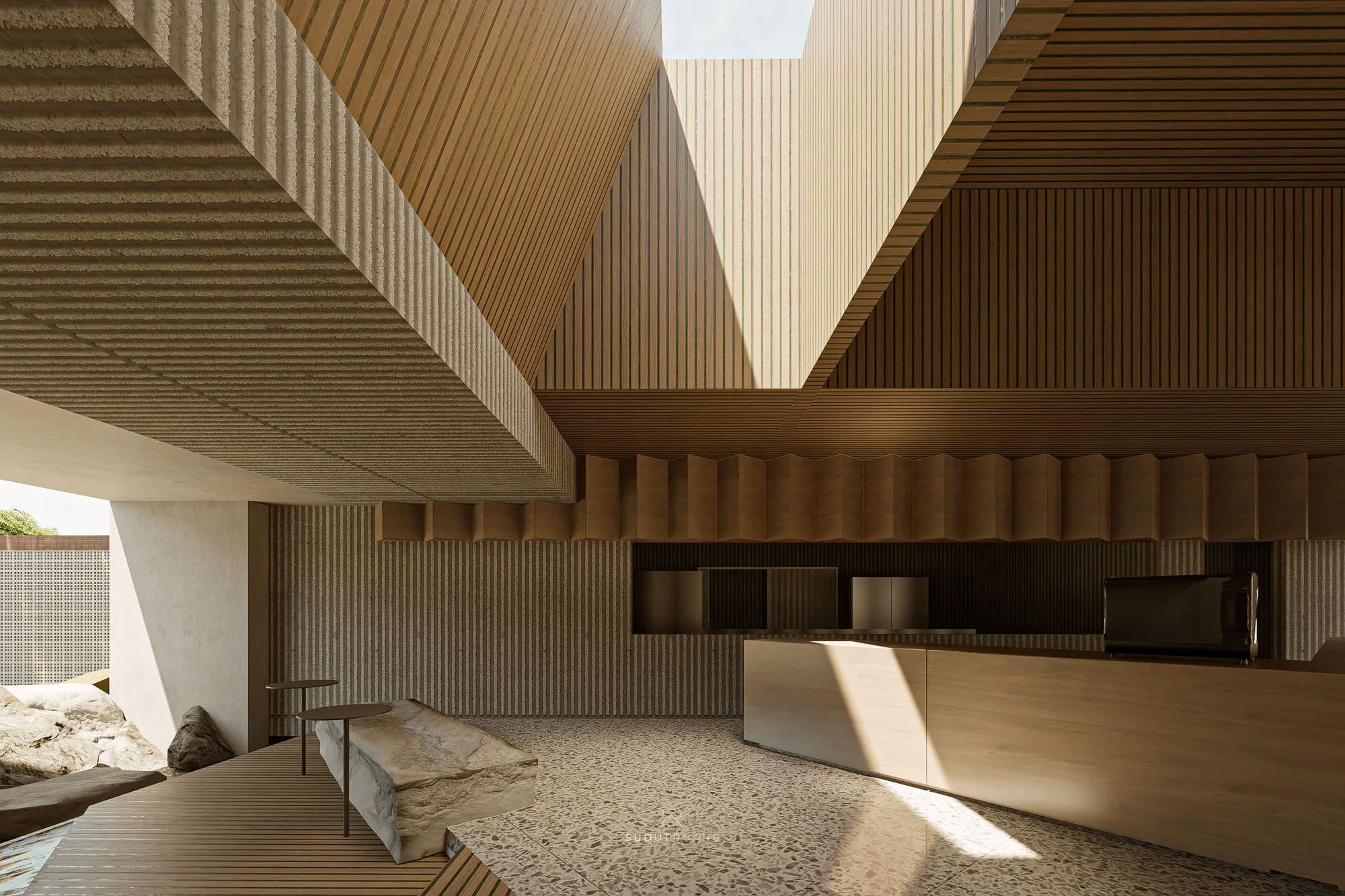 A wood-clad coffee counter beneath a timber-slatted soffit, boulder-shaped columns framing the garden beyond.