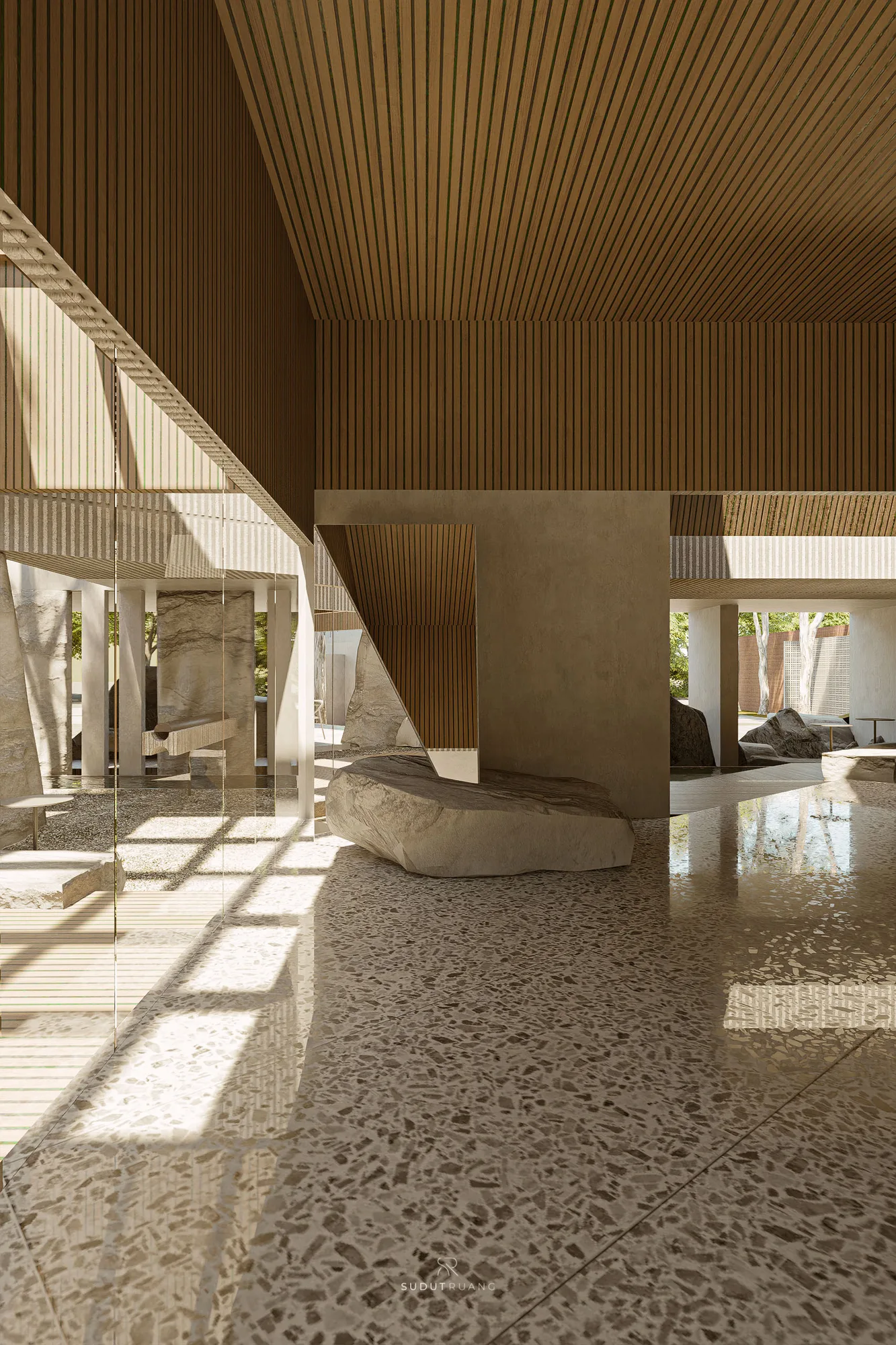 A dining terrace under angled timber soffits, boulder columns and a stacked-stone sculpture beside the tables.