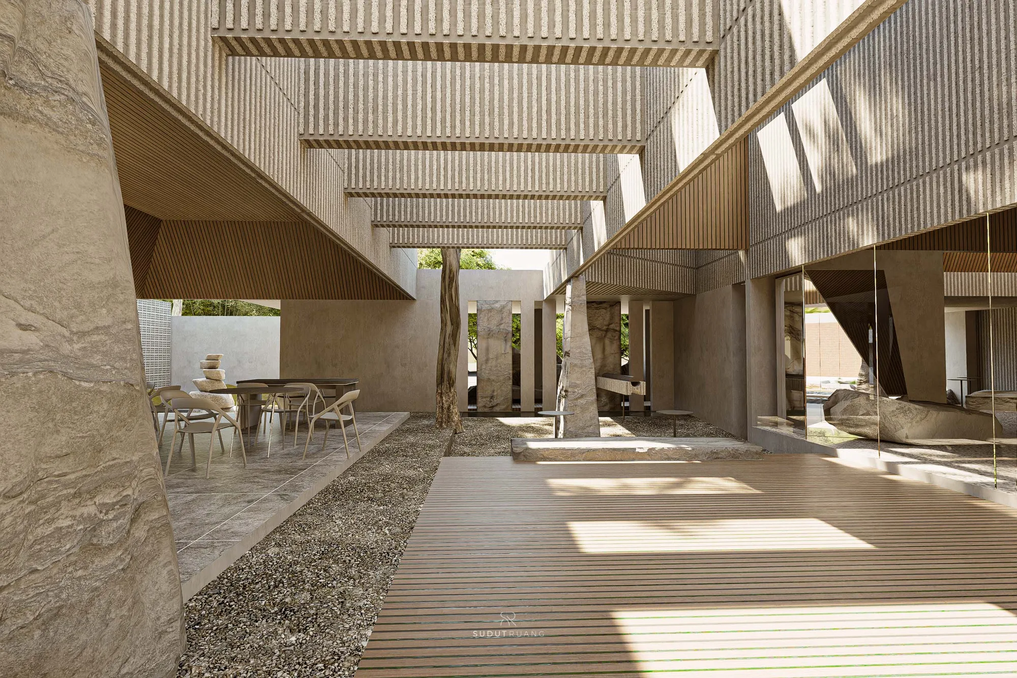 Round tables set beneath the timber soffit, boulder columns opening onto trees and the sunken seating beyond.