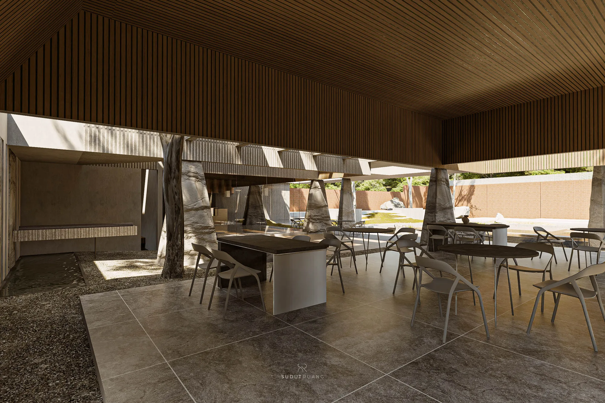 Sajajar Space's glazed dining pavilion by day, its glass reflecting the surrounding trees.