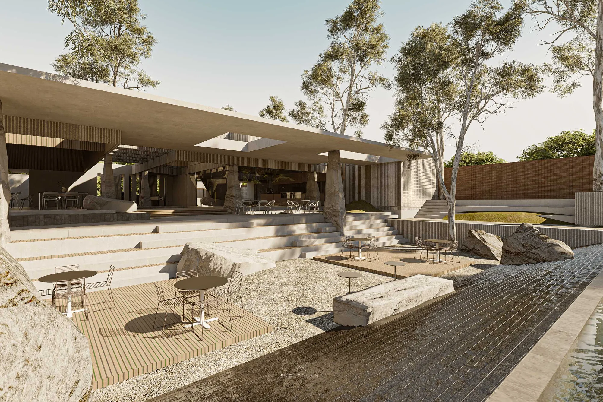 The cantilevered roof shading the courtyard below, a staircase climbing to the upper terrace among the trees.