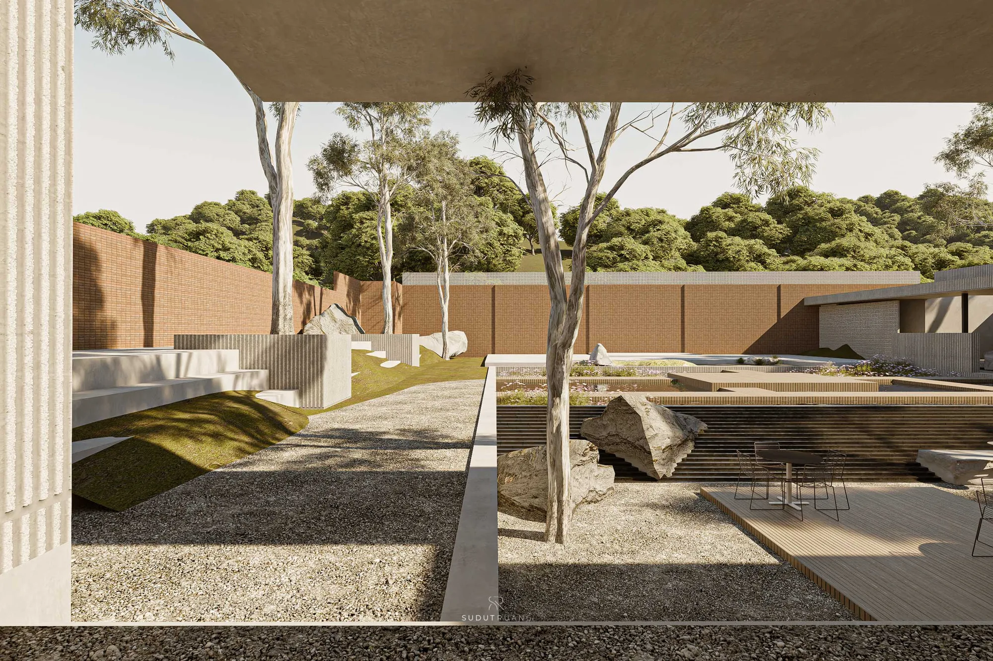A rough concrete column beside a perforated screen wall, a garden path continuing beyond the glass doors.