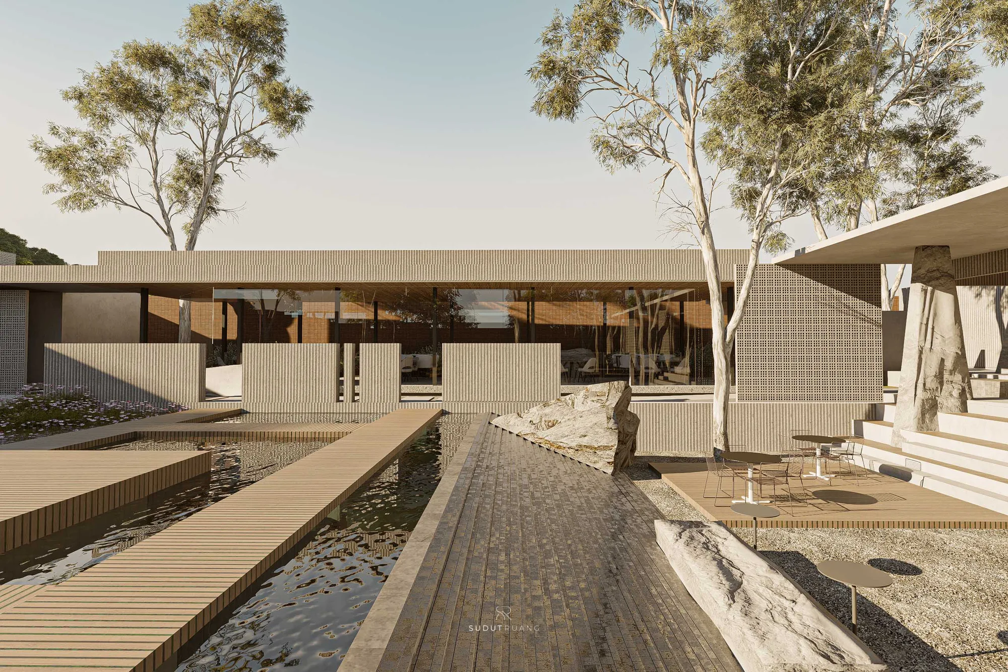 Boulders set into the garden bed beneath the upper terrace's balustrade and perforated screen panel.
