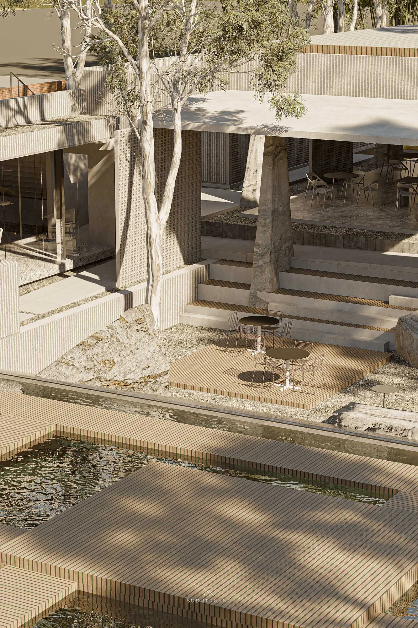 An elevated view over the reflecting pool toward the dining terrace and its tiered stone steps.
