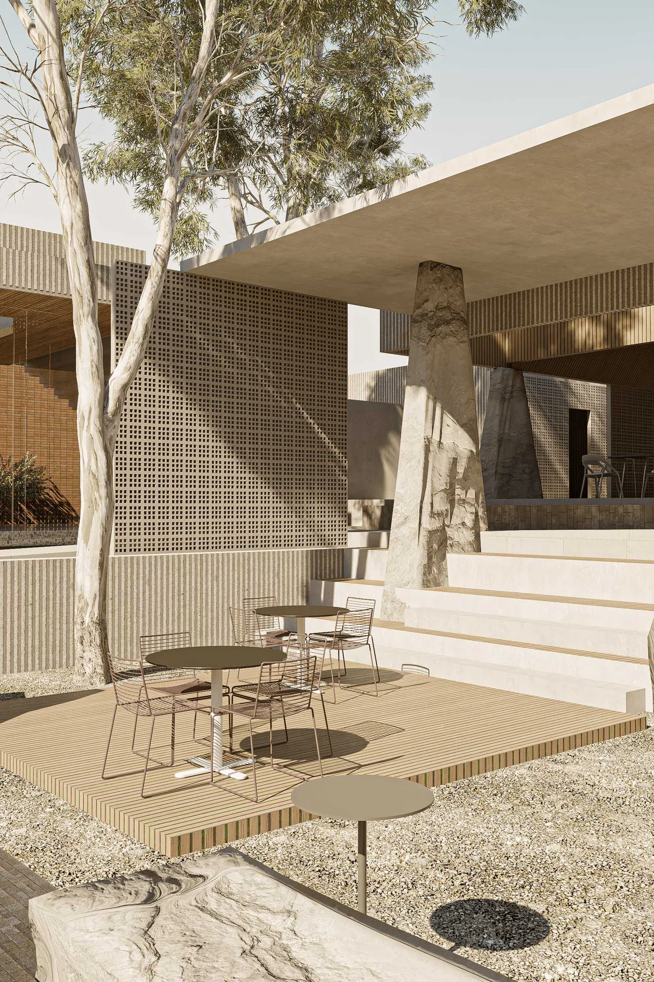 Wire-frame chairs at round tables beneath the terrace's boulder-shaped column and perforated screen wall.