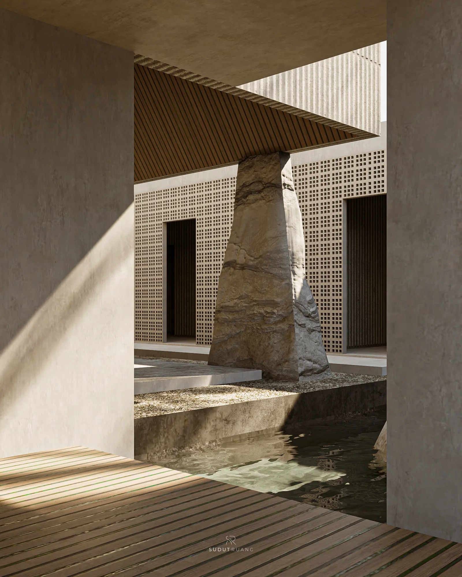 The stone-columned courtyard and its reflecting pool, dining tables visible under the timber soffit beyond.