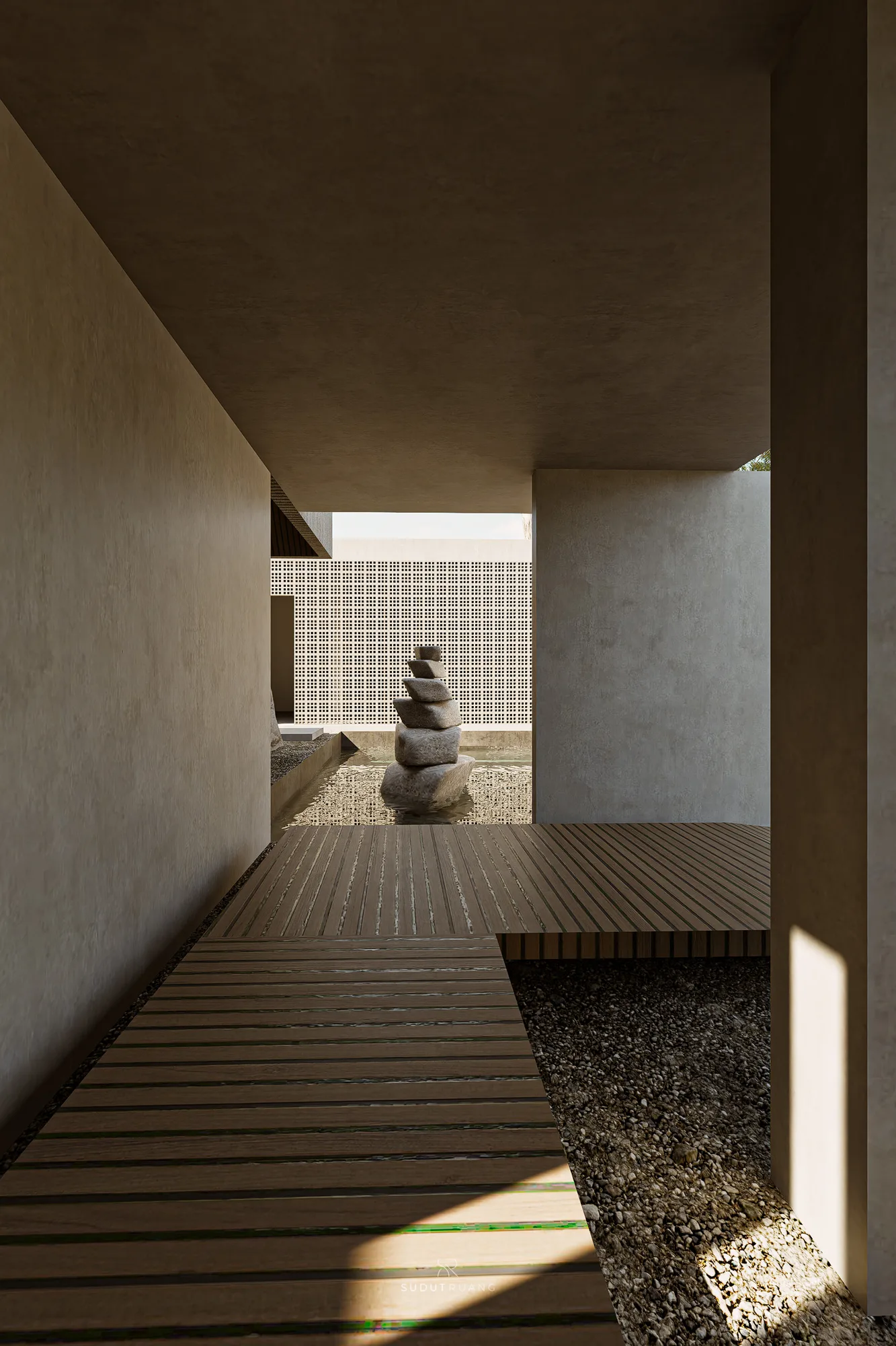 The lounge's folded timber ceiling detail above a terracotta-tiled wall, a boulder visible through the glass beyond.