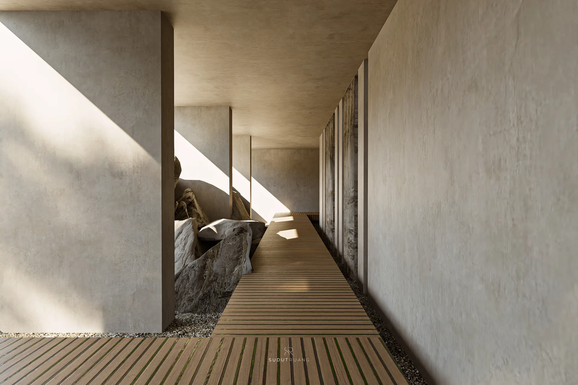 The lounge's coffee counter beneath timber ceiling panels, boulder columns framing the garden through the glass wall.