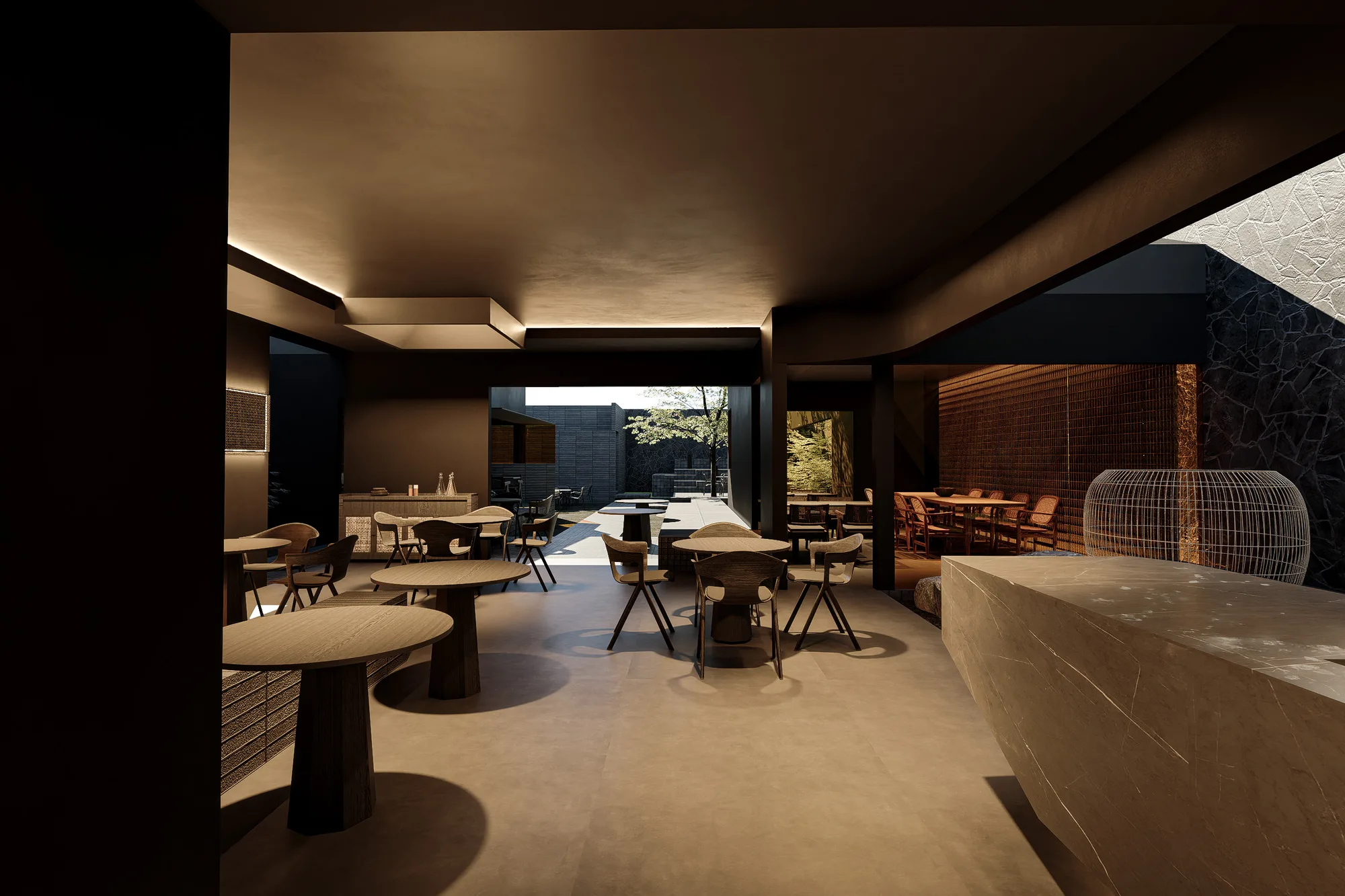 Curved corridor toward the dining area, a lit prep counter along the wall on the left.