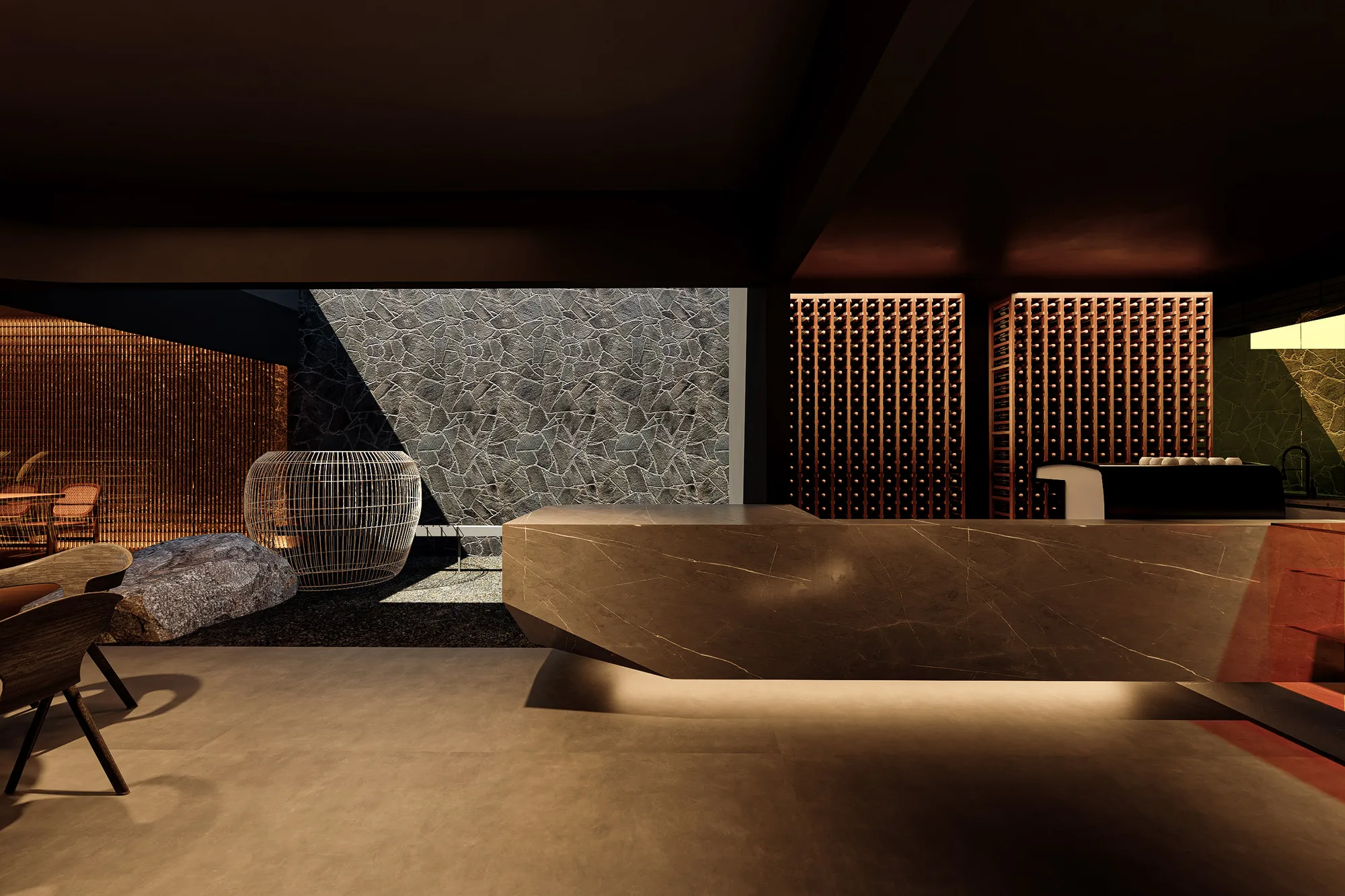 Stone bar counter beside the lit wine display, cane chairs and round tables in front.