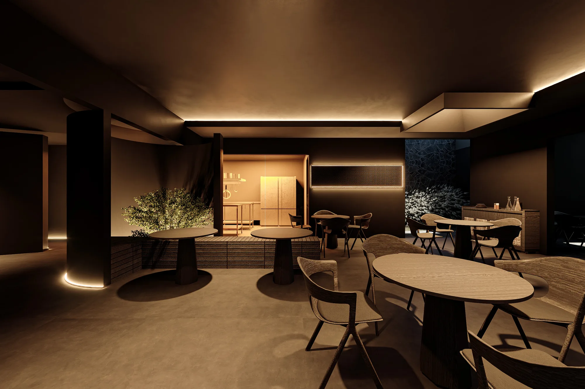 Dining area opening toward the glass-walled kitchen, its cabinetry lit warm beyond the pass-through.