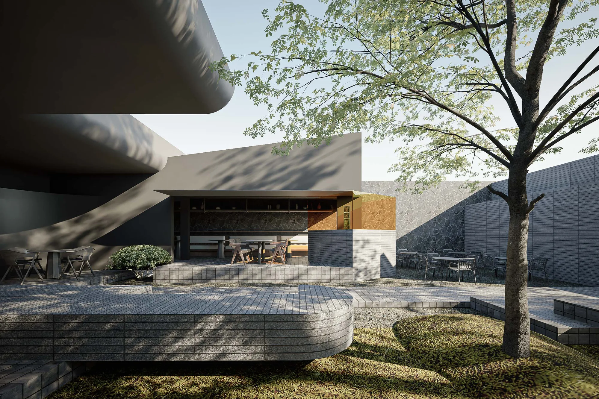 The black-roofed pavilion's angled eaves over the courtyard, its gold-mirrored corner catching the light.