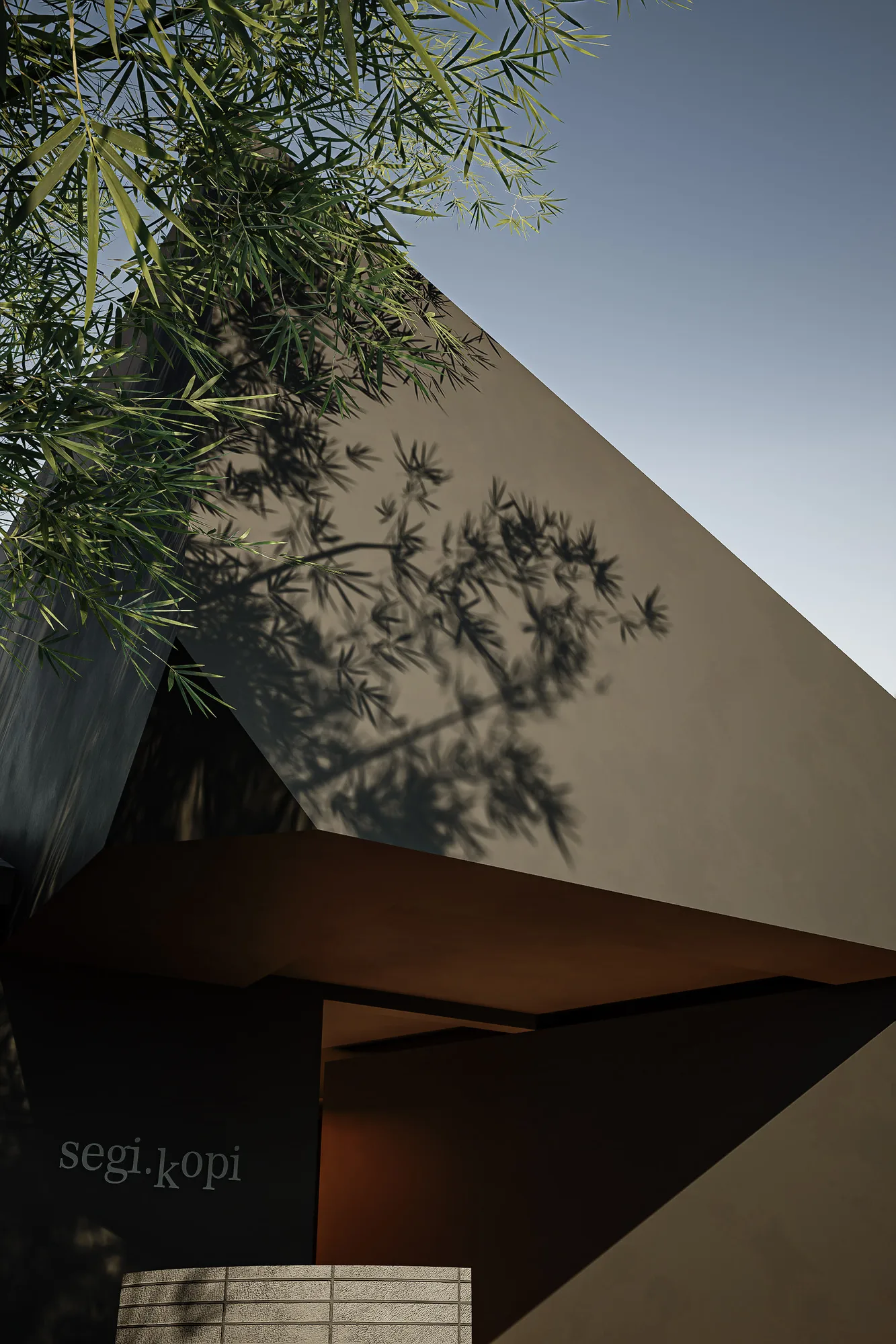 The angled facade above the entrance, a bamboo's shadow crossing the wall beside the segi.kopi sign.