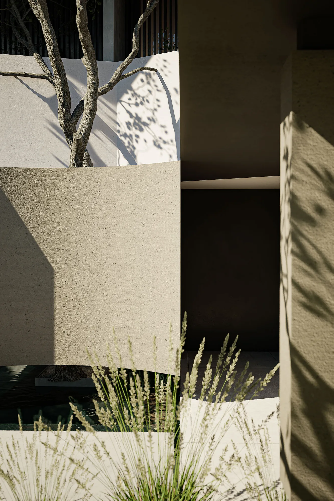 The courtyard at TR-house, planted and lit at dusk.