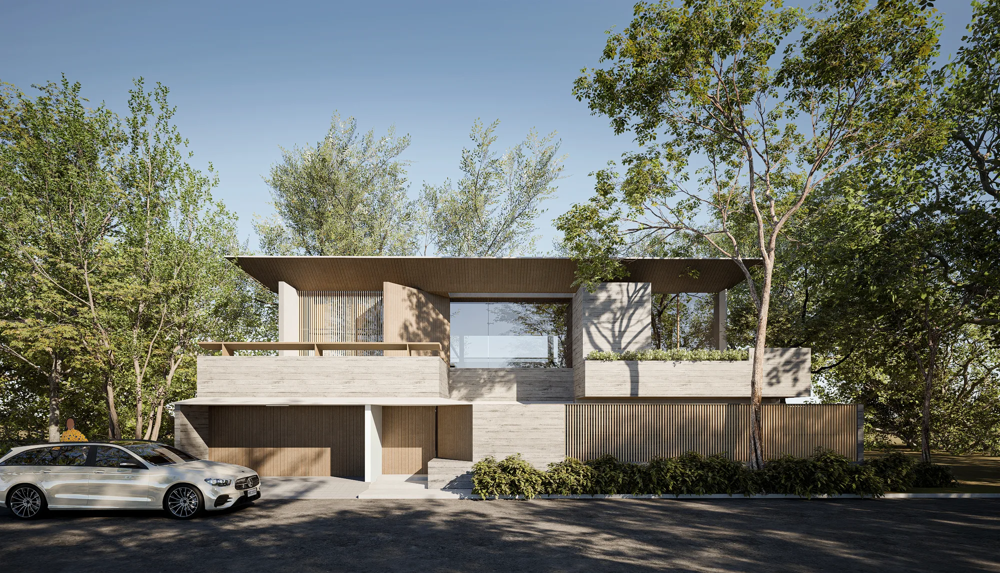 SU House's deep timber-lined roof overhang shading a concrete-textured balcony and slatted screen upstairs.