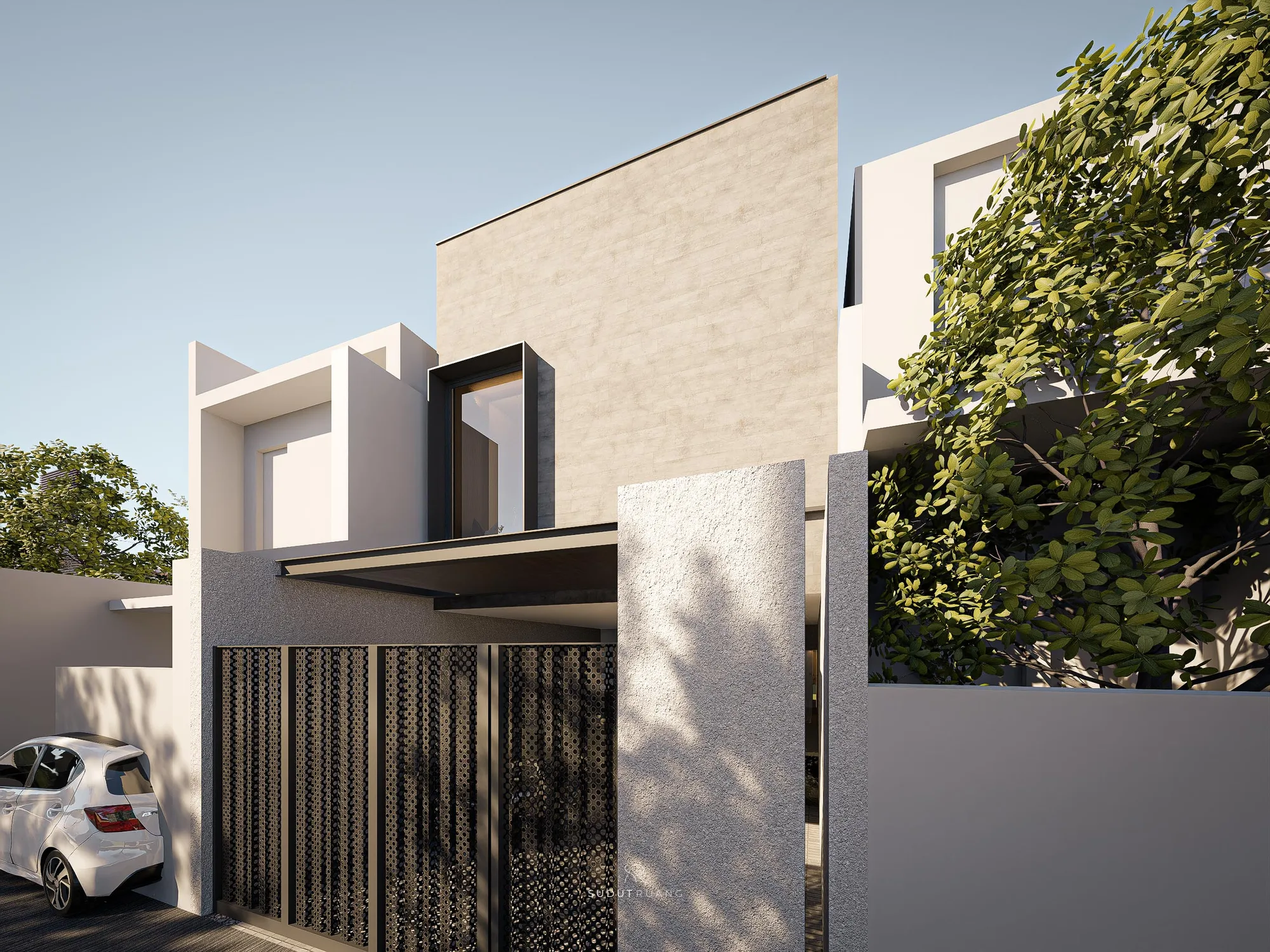 Angled view of the taupe stone-clad upper box cantilevering past a narrow glazed slot, above a perforated steel gate and a textured grey concrete entry pier.