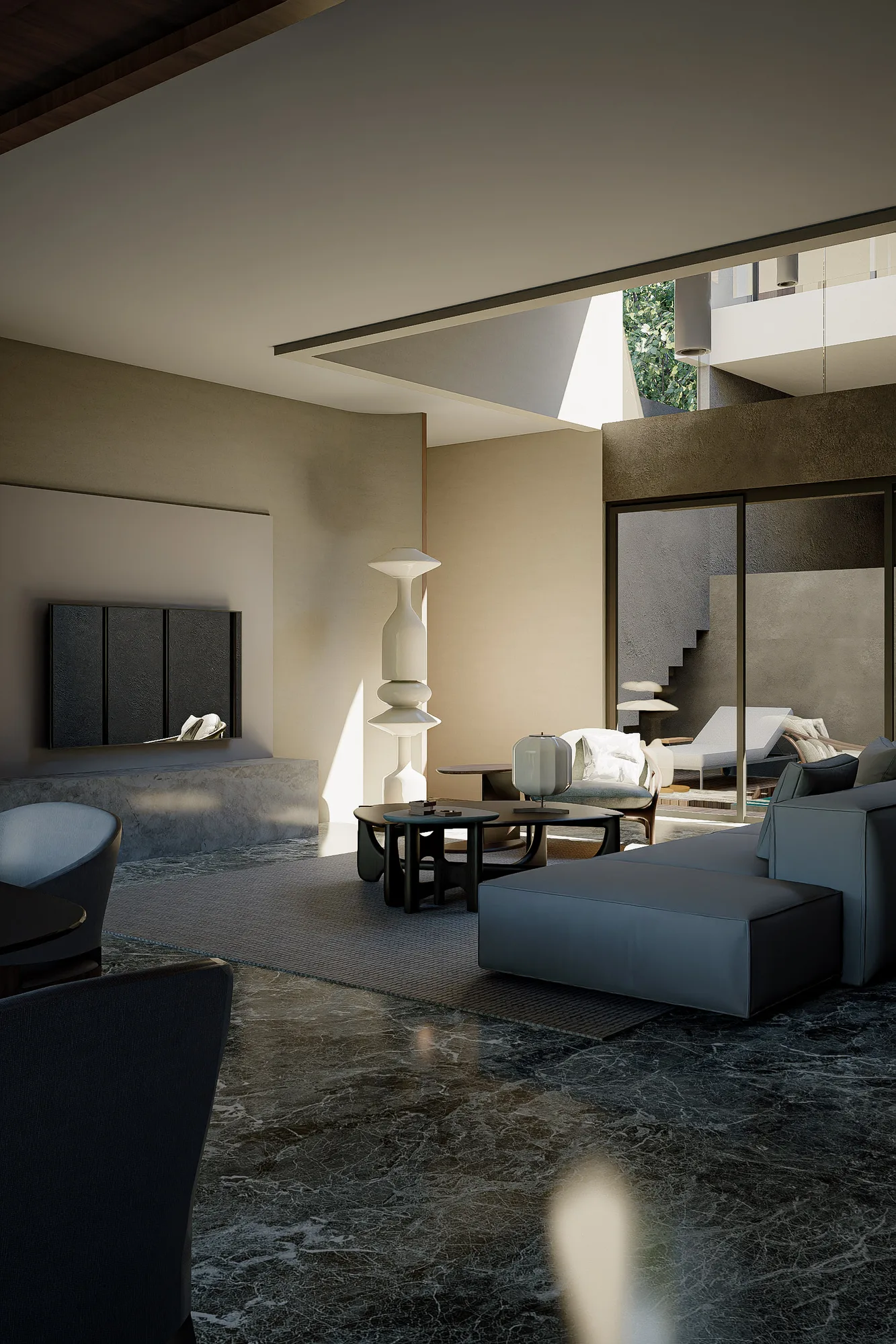 Living room with a sculptural floor lamp beside a low sectional sofa, the courtyard pool and staircase visible through sliding glass beyond.