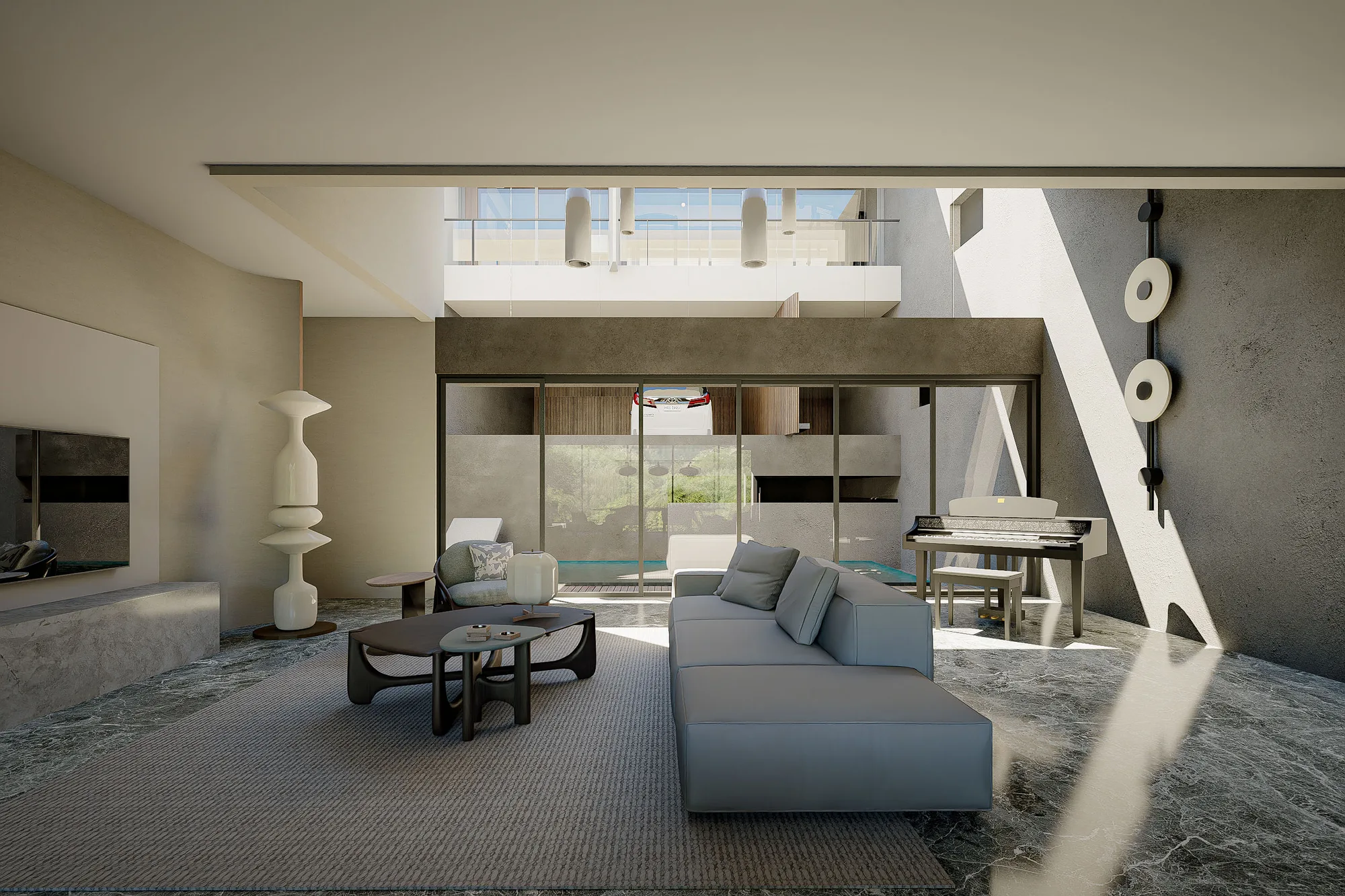 Double-height living room opening through sliding doors to the courtyard pool, a piano set against the far wall.