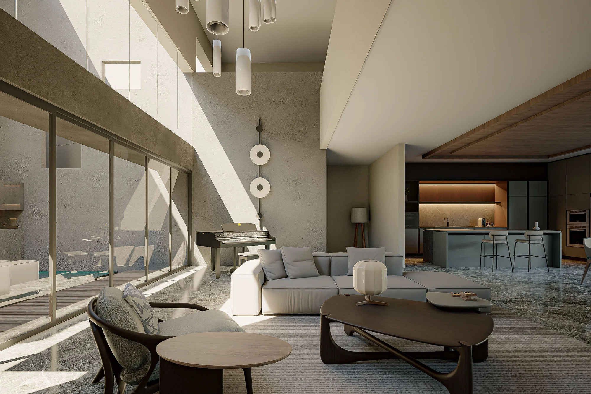 Living space opening onto a pool deck through full-height glazing, a kitchen island glowing under warm shelf lighting to the right.