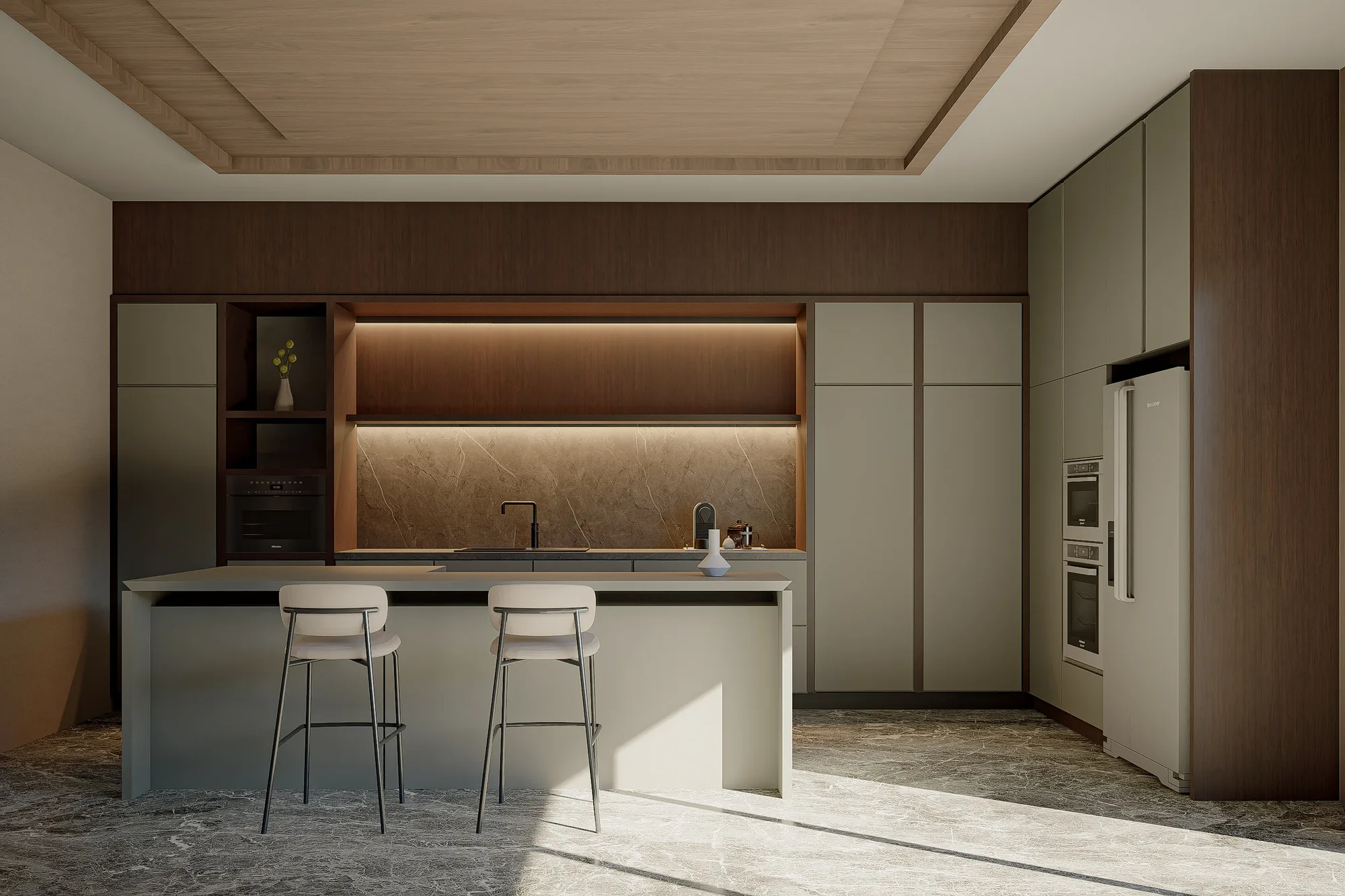 Kitchen with dark wood upper cabinets over a stone backsplash lit from beneath, a marble island seating two.