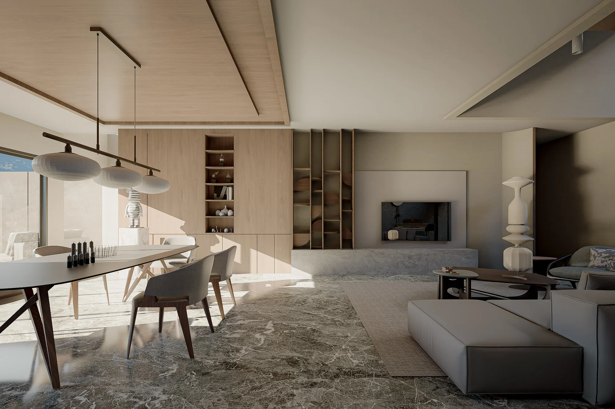 Living room fireplace niche flanked by an open timber shelving unit and a low travertine hearth.