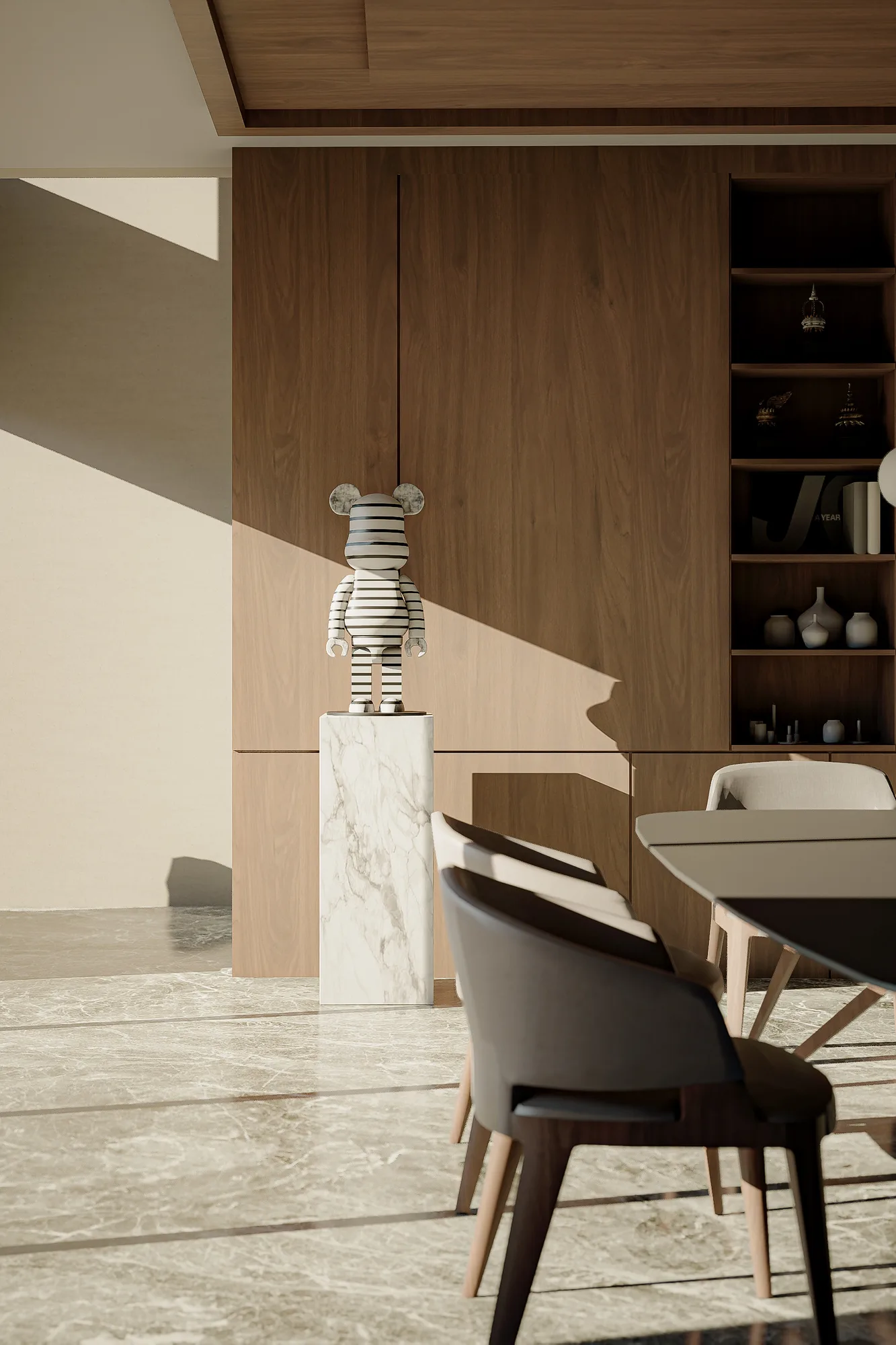 Striped bear figurine displayed on a marble plinth against a walnut wall of open display shelves.