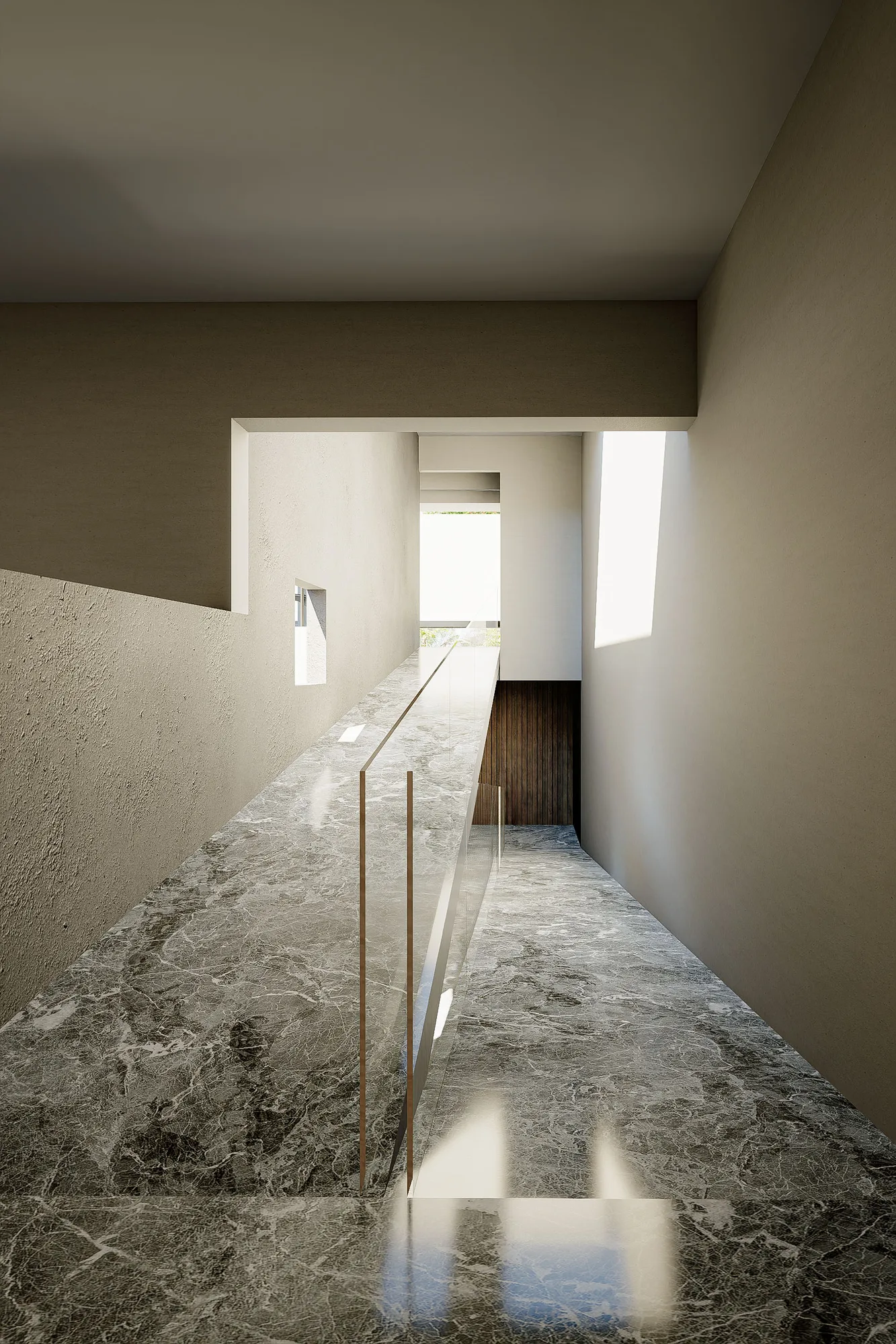 Glass-railed bridge corridor connecting two wings of the house, lit by a slot skylight along the plastered wall.