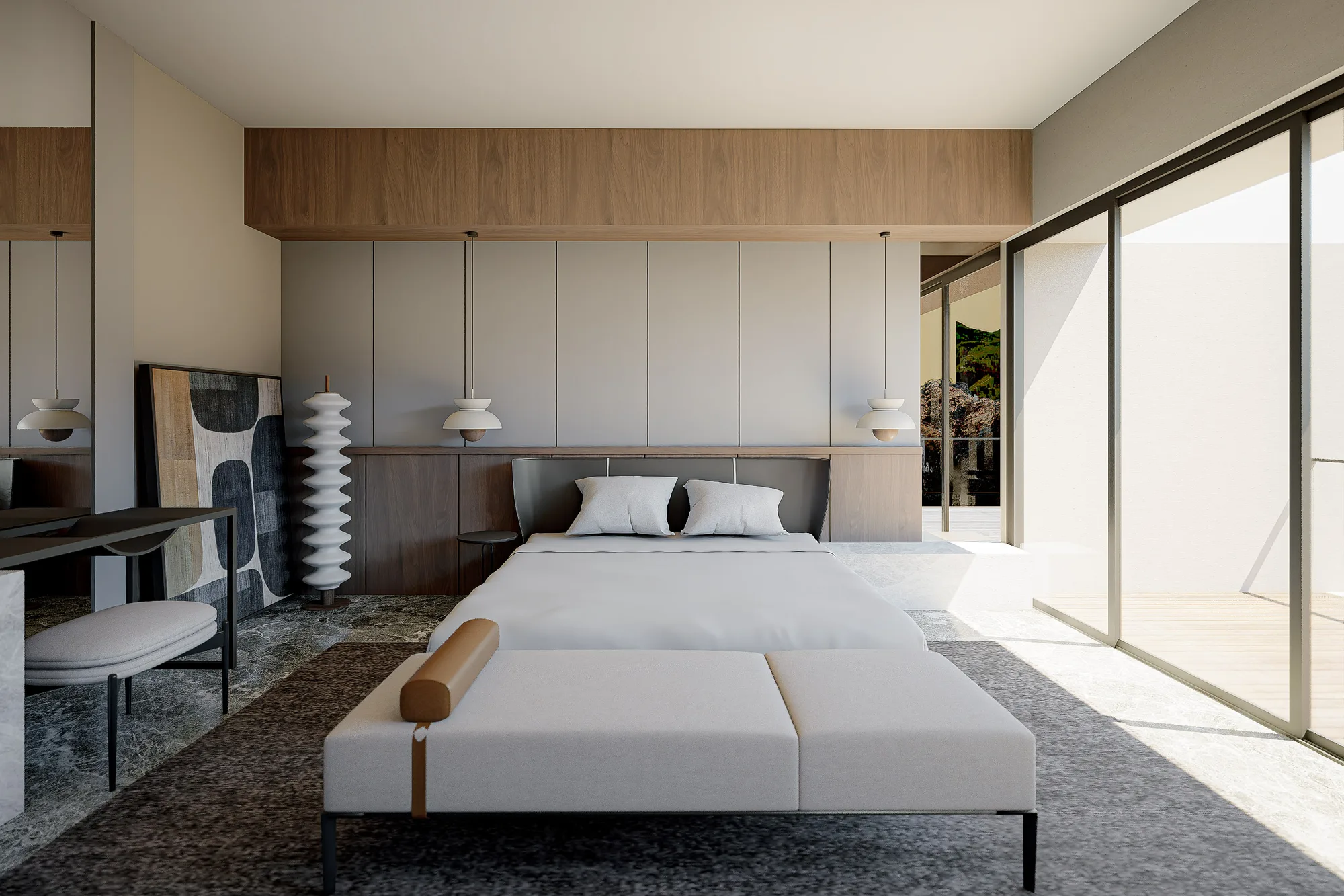 Primary bedroom with a padded headboard and abstract framed artwork beside a ribbed ceramic floor lamp.