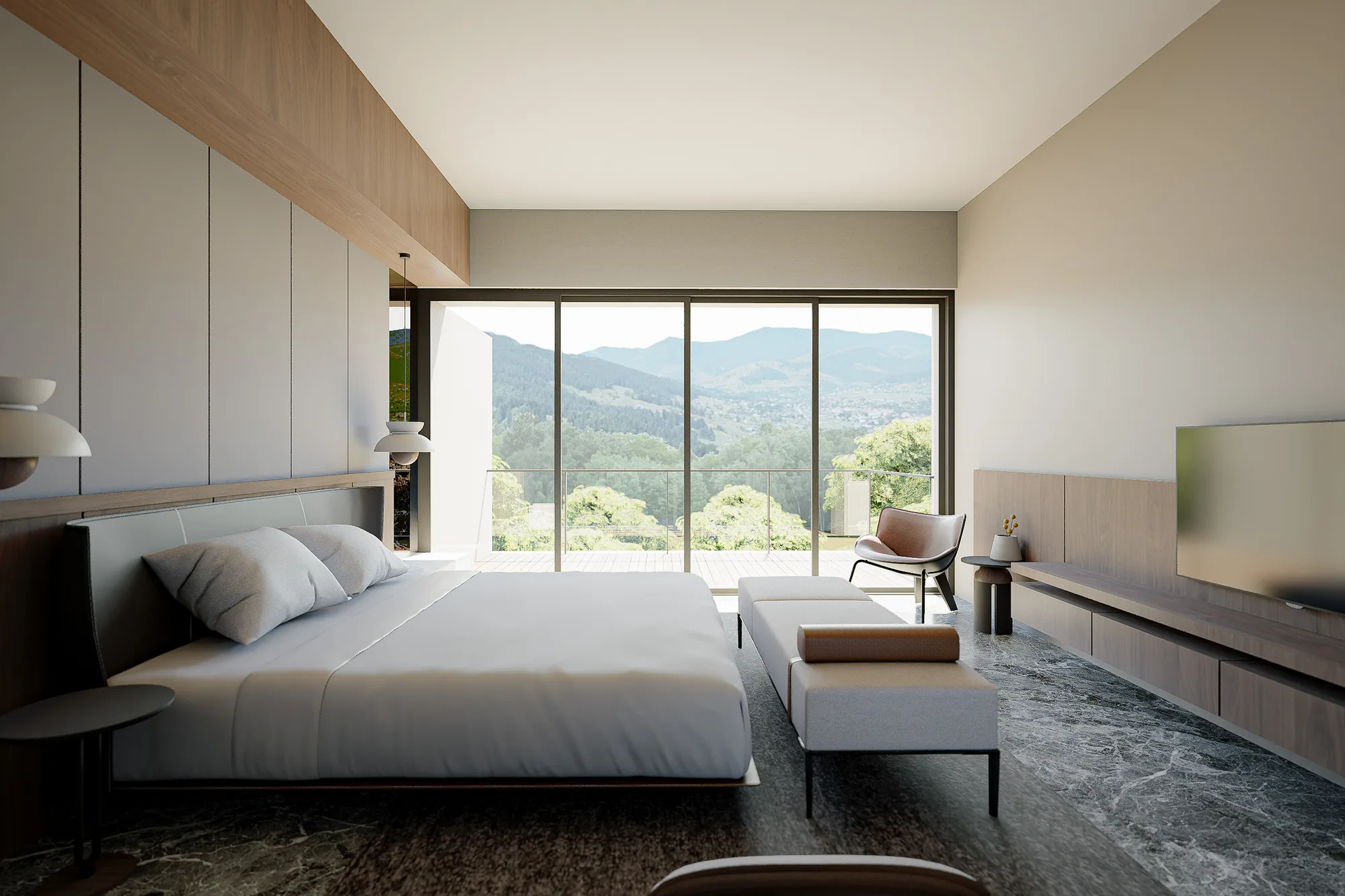 Bedroom with a low platform bed facing a glazed balcony door and a mountain view beyond the terrace.