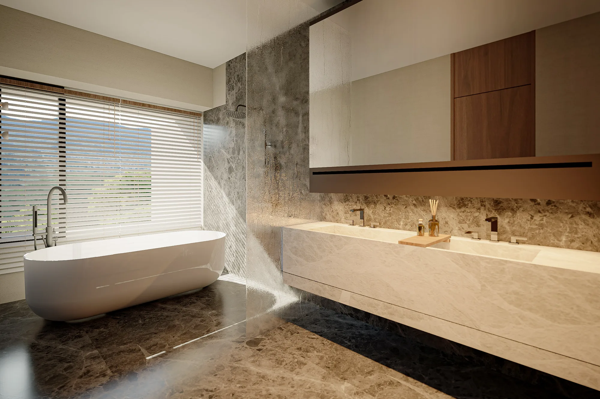 Freestanding oval bathtub beneath a slatted window, a floating stone double vanity along the adjacent wall.