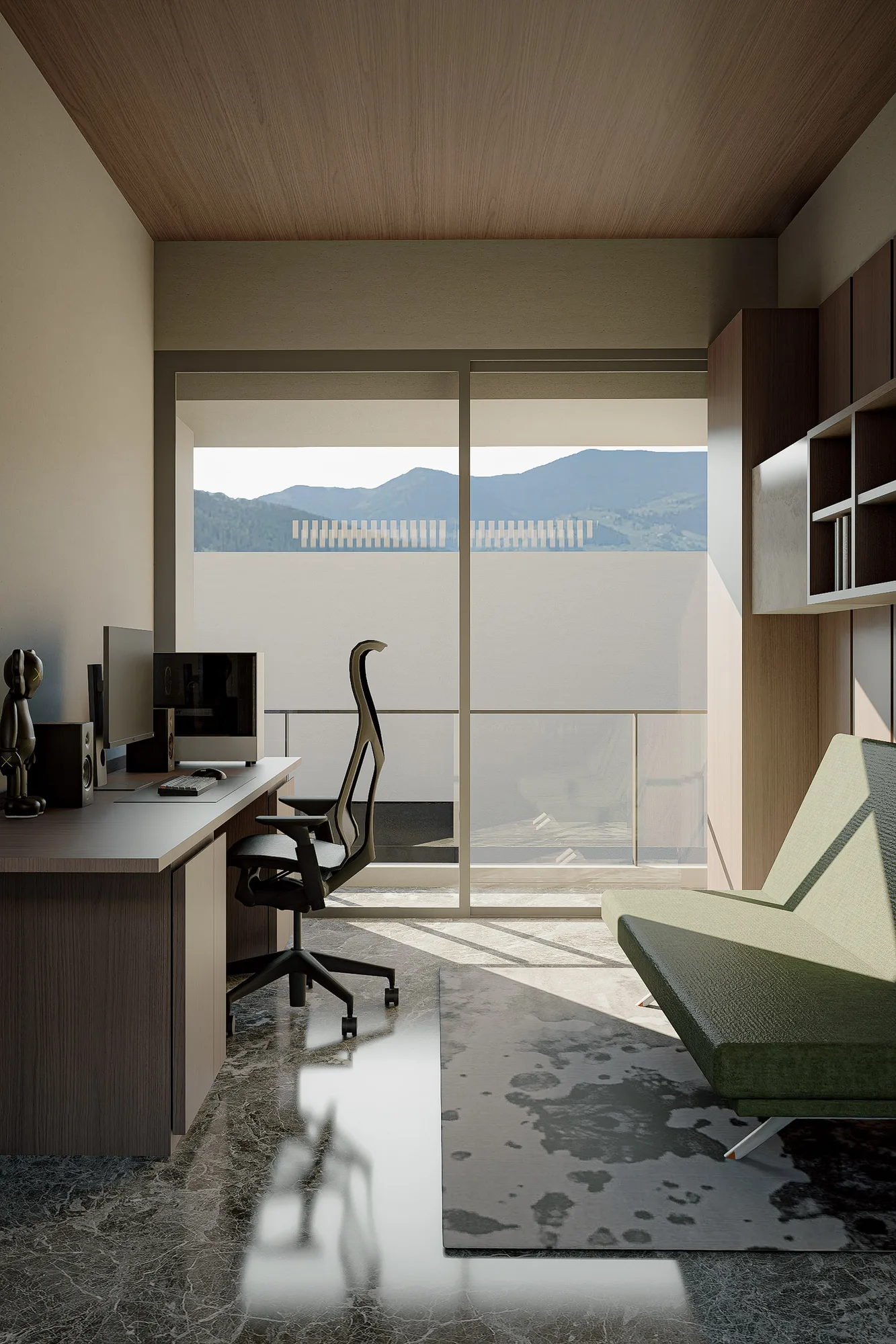 Home office with a desk and ergonomic chair beside a sliding door onto the balcony, a green upholstered daybed nearby.