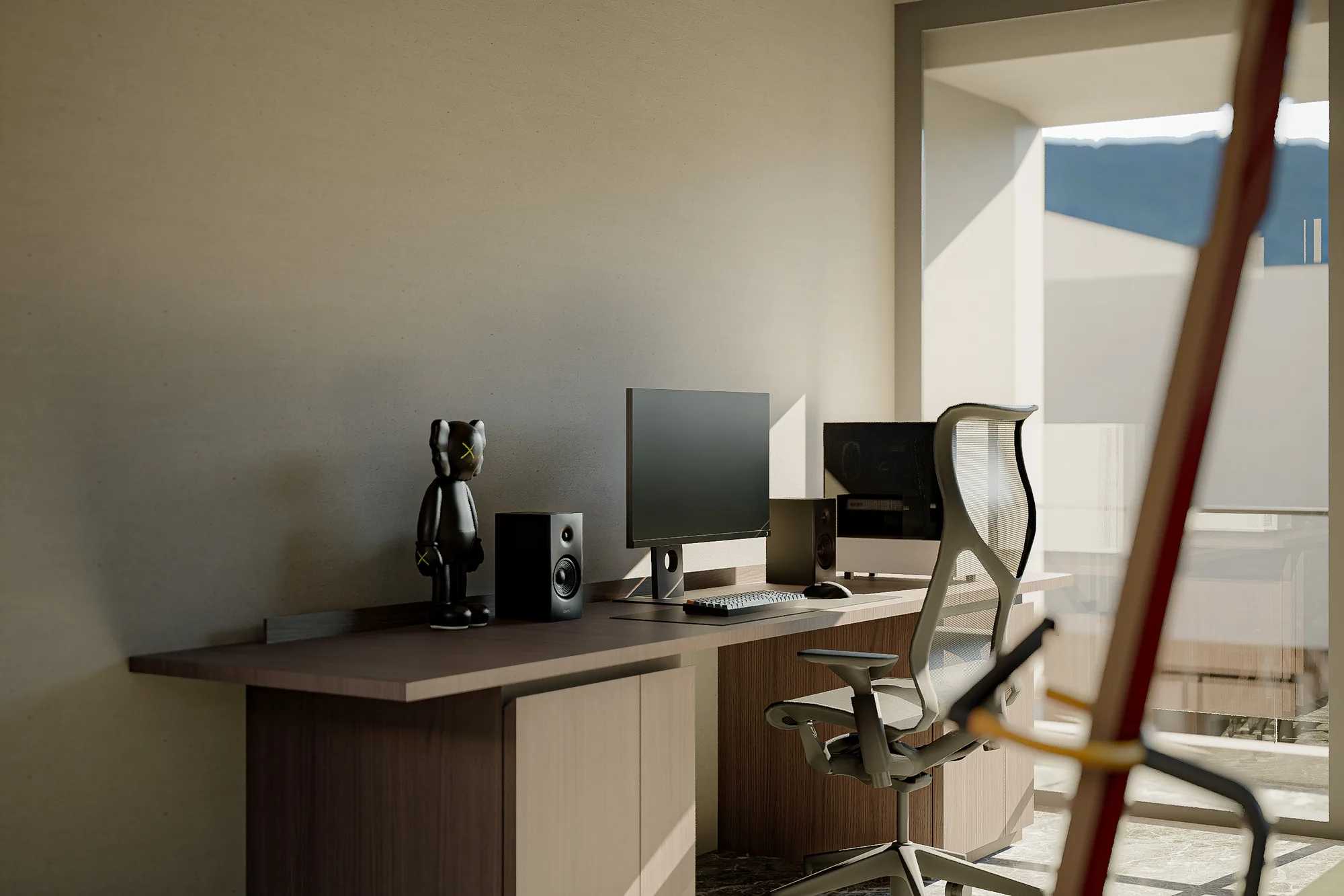 Desk setup with dual monitors and speakers, an office chair turned toward the mountain view beyond the balcony door.