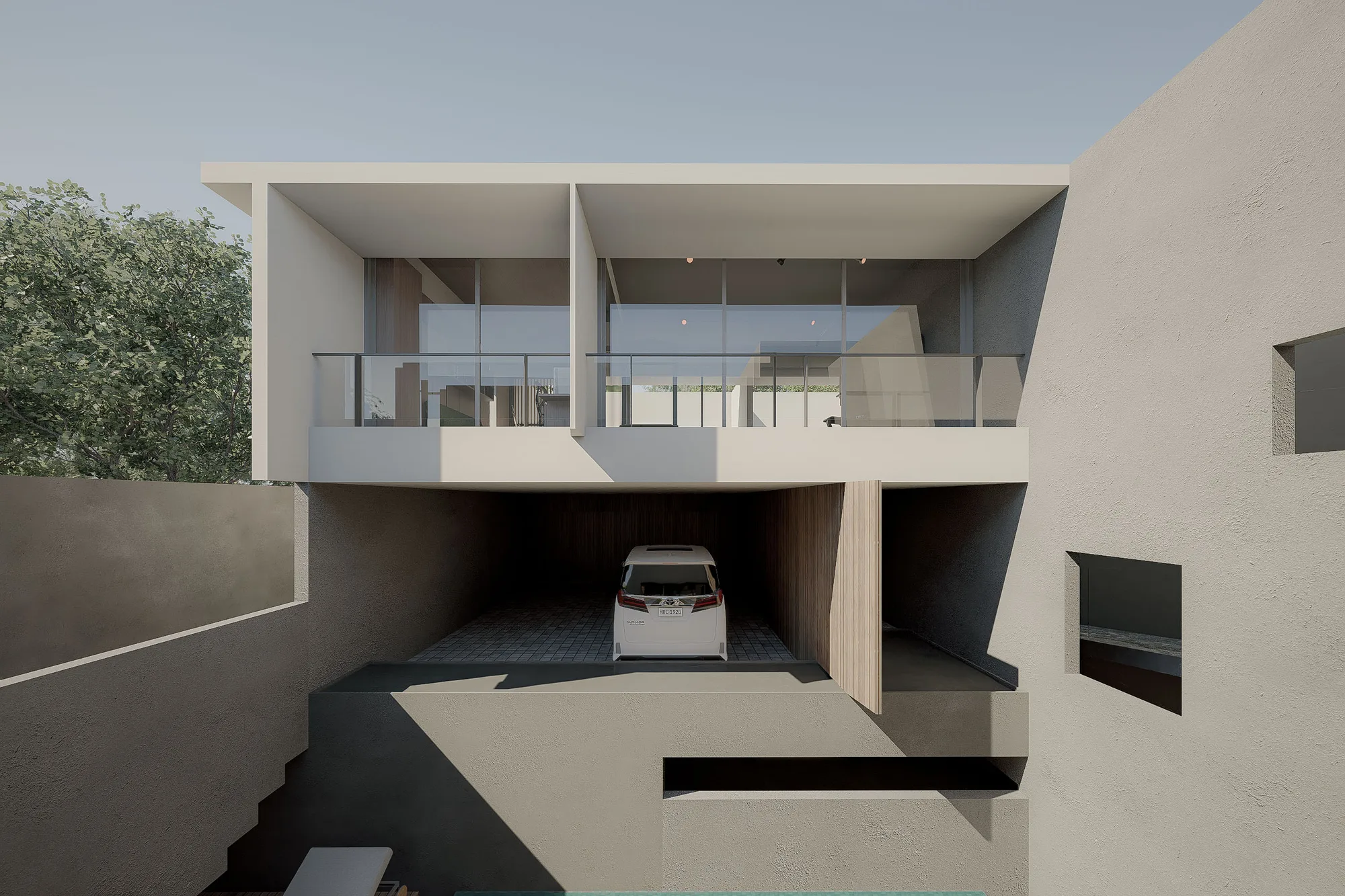 Undercroft garage framed by the cantilevered floor above, a van parked between timber-clad and dark stucco walls.
