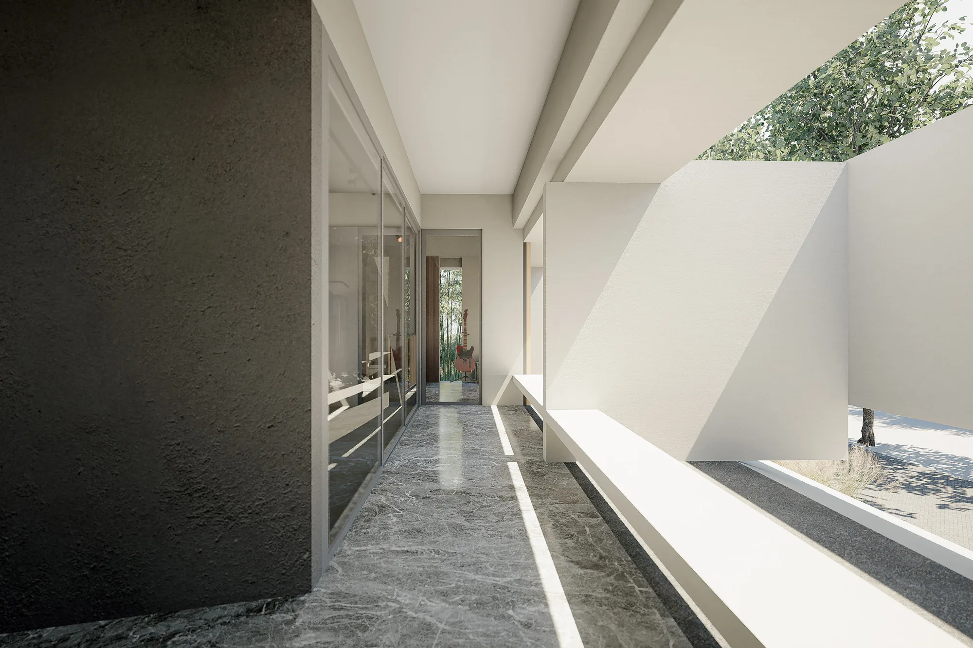 Ground-floor passage with a built-in bench along a glazed wall, a guitar visible through the doorway ahead.