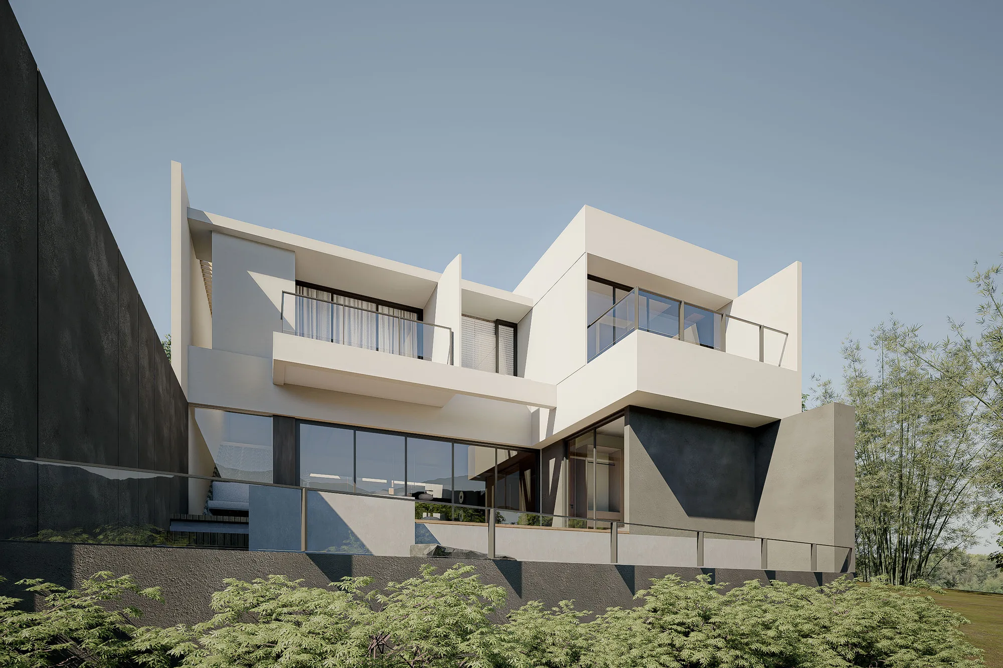 Side facade showing stacked balconies with glass balustrades stepping back above a dark stone ground floor.