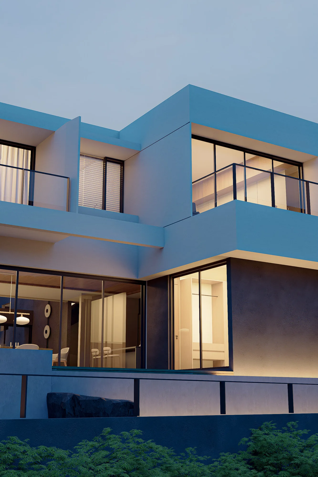 Taut house illuminated at dusk, warm interior light spilling through open bedroom and dining room glazing.