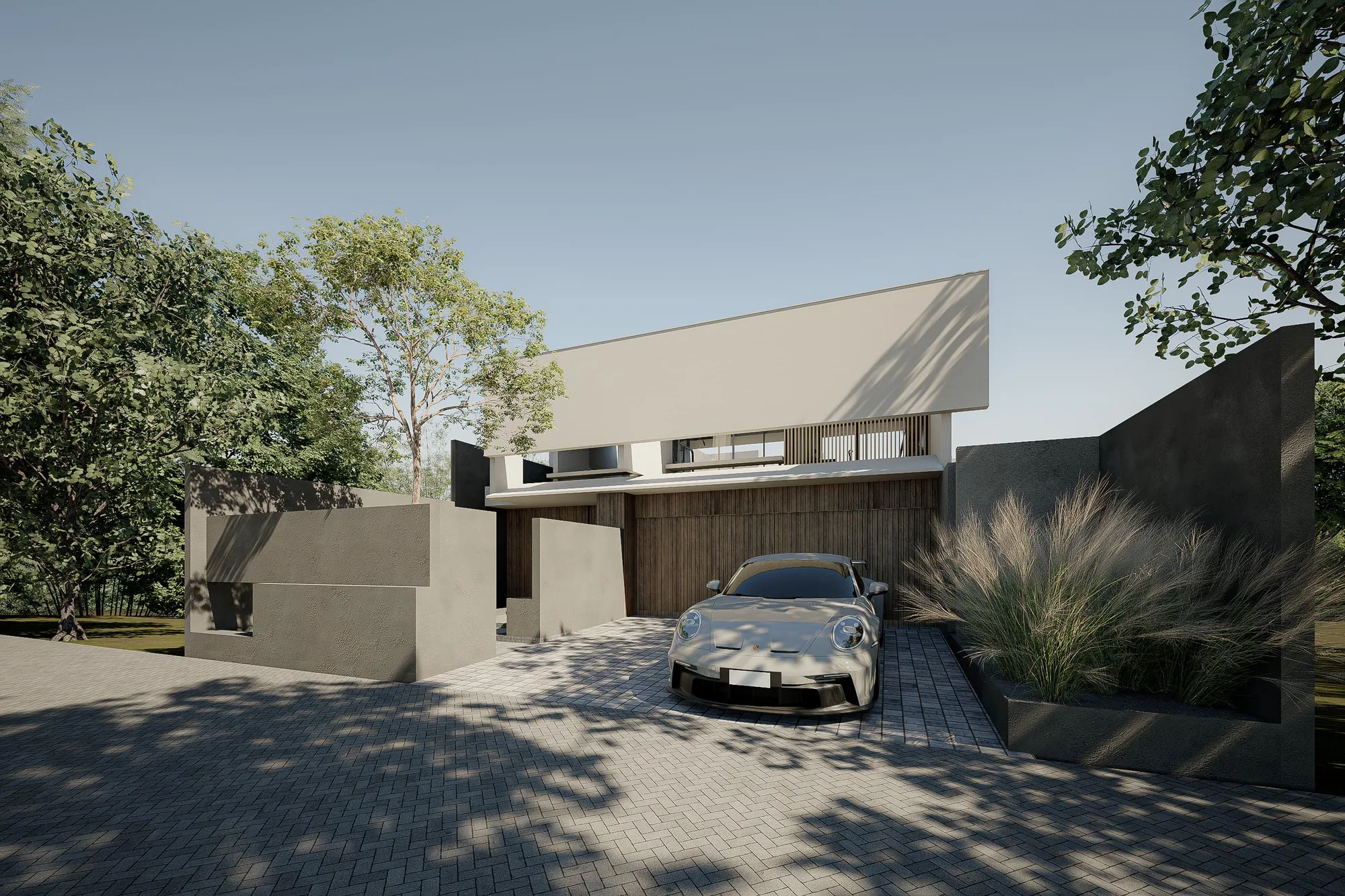 Street elevation of Taut house, a stacked composition of concrete volumes with a sports car parked in the paved forecourt beneath a tree canopy.