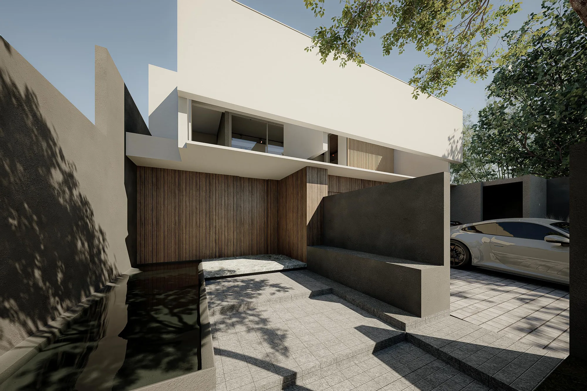 Stairwell landing with a diagonal skylight opening and a timber-clad wall beside a cantilevered stone bench.