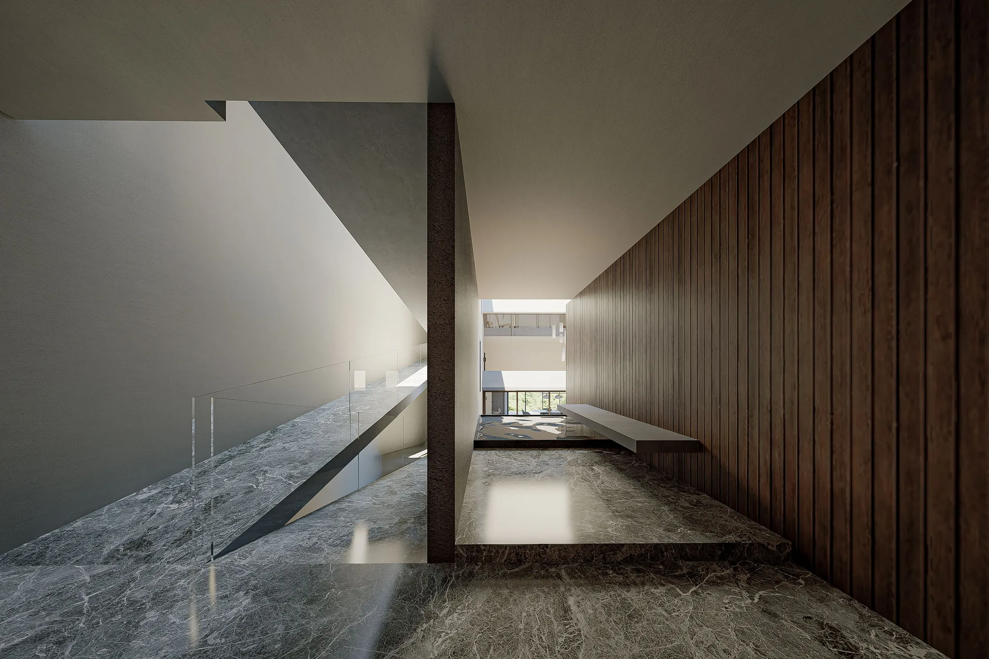 Reflecting pond beside a dark stone bench, framed by timber cladding and a wall opening onto the parked car beyond.
