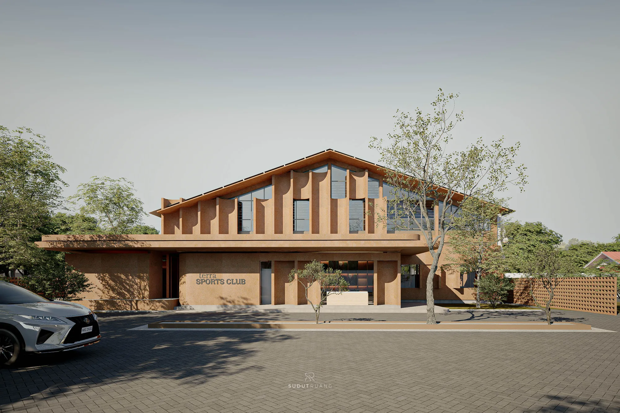 Terra Sports Club's pitched timber-clad facade with ribbed columns and a deep roof overhang shading the entrance signage.
