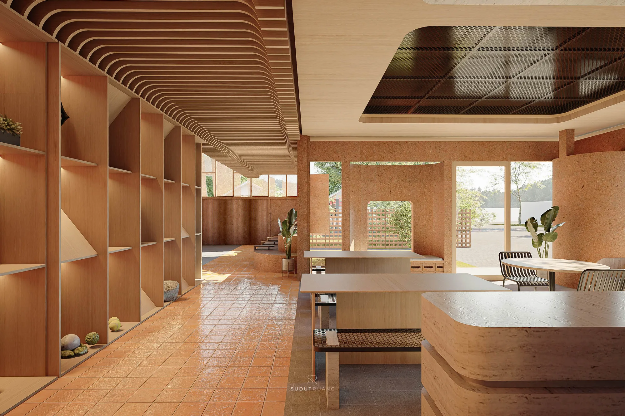 Terra Sports Club's reception lounge, its curved ribbed wood ceiling and terracotta tile floor opening through glass doors onto the courtyard.
