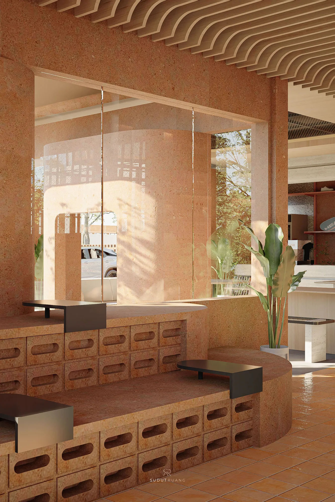 A curved glazed screen and terracotta wall frame Terra Sports Club's entry corridor, with a built-in bench and potted plant along the passage.
