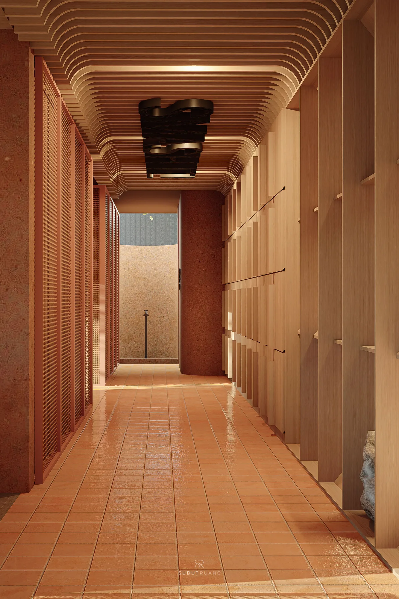 Terra Sports Club's ribbed corridor ceiling curves overhead past a sculptural wall lamp, terracotta tile flooring leading toward a courtyard door.