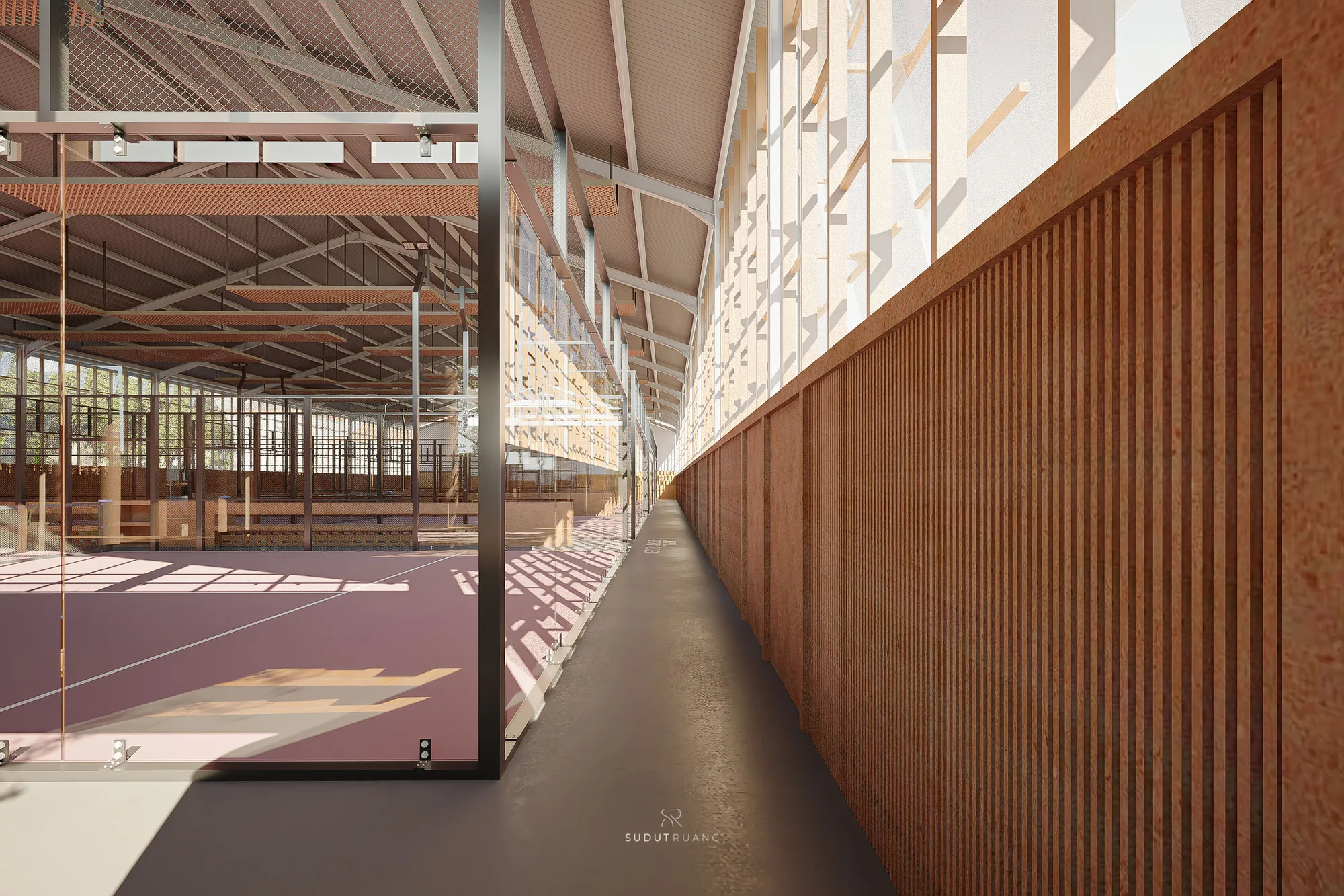Exposed steel roof trusses and chain-link netting frame the padel courts at Terra Sports Club, seen along a glazed corridor from the tiered seating.