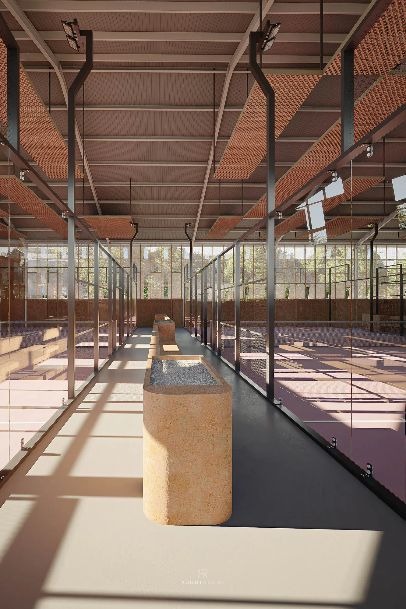 A corridor of terracotta bollard-benches runs between Terra Sports Club's courts, lit by tall clerestory glazing beneath the exposed steel truss roof.