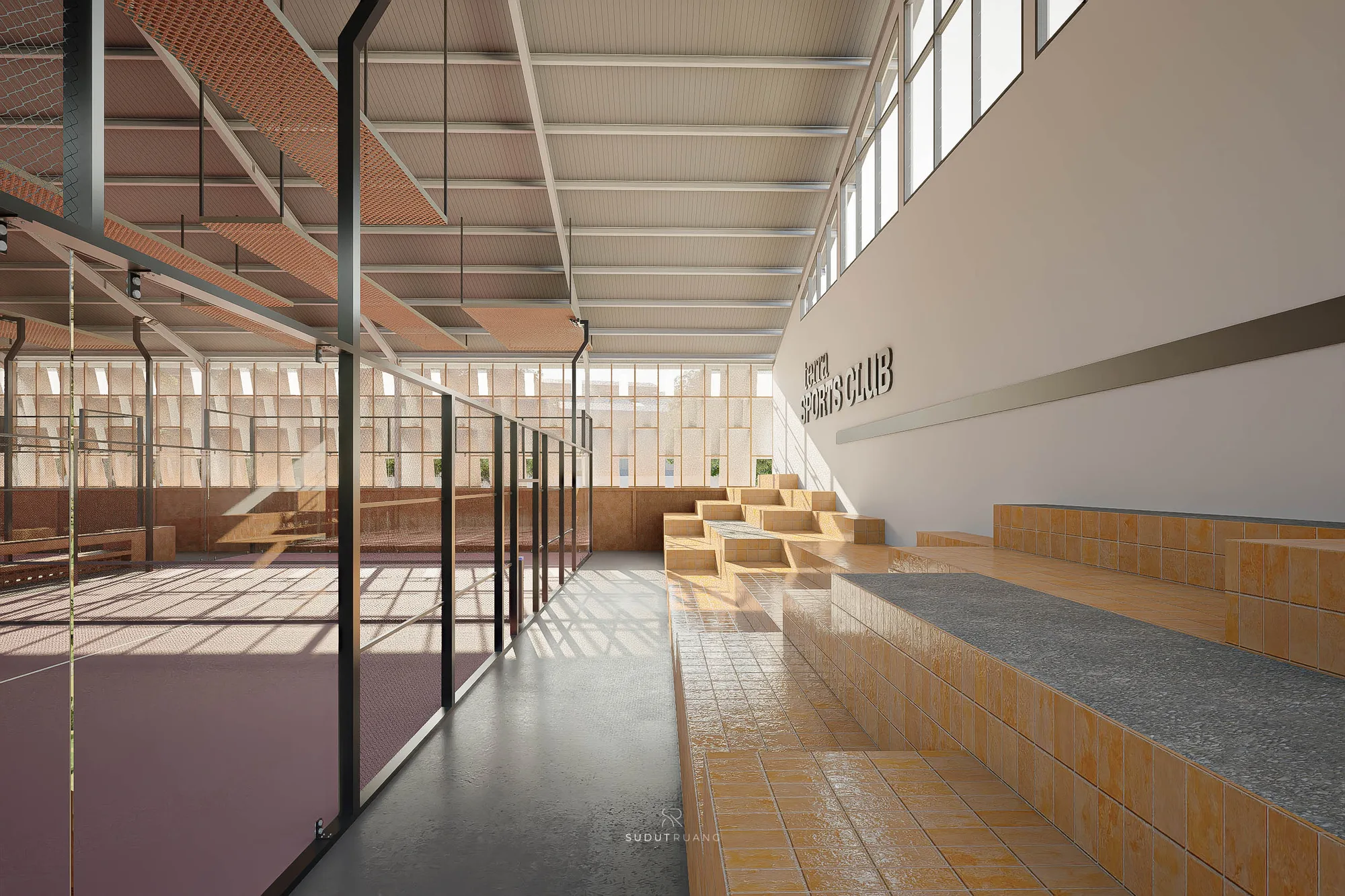 Tiered terracotta-tiled steps double as spectator seating at Terra Sports Club, beneath the club's cast-lettering signage and the court's chain-link net.