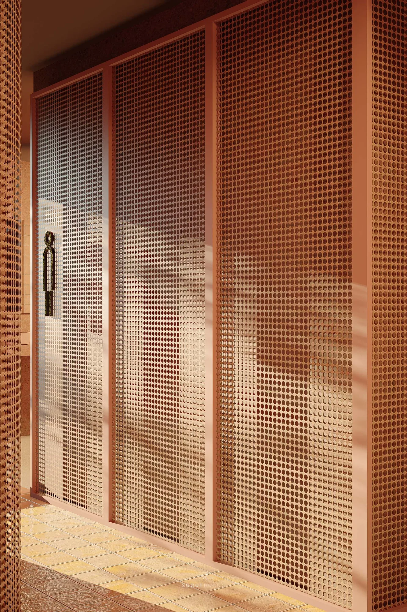 A perforated terracotta metal screen wall at Terra Sports Club, marked by a small figurative signage plaque beside the entry.